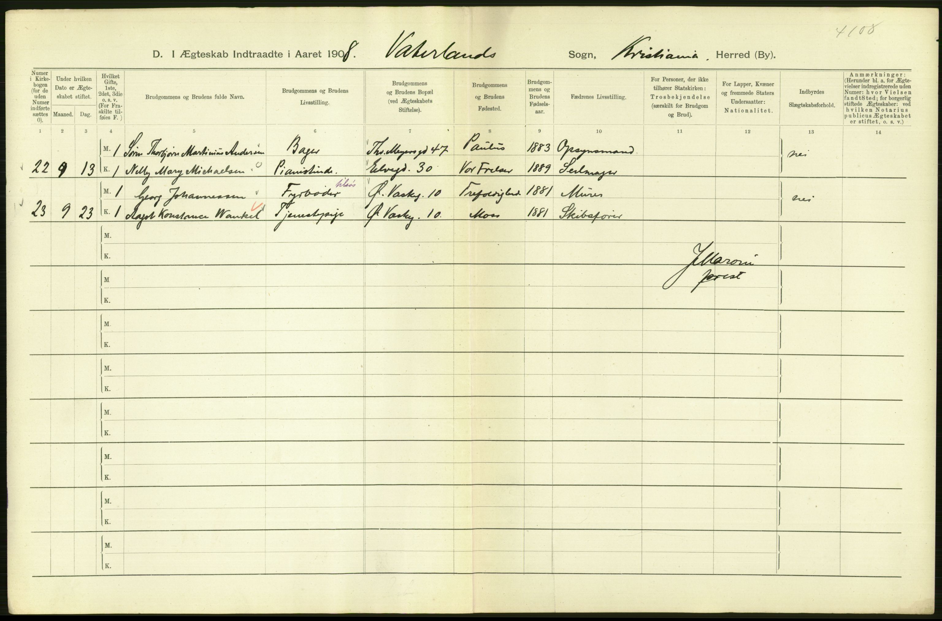 Statistisk sentralbyrå, Sosiodemografiske emner, Befolkning, AV/RA-S-2228/D/Df/Dfa/Dfaf/L0007: Kristiania: Gifte, 1908, s. 62