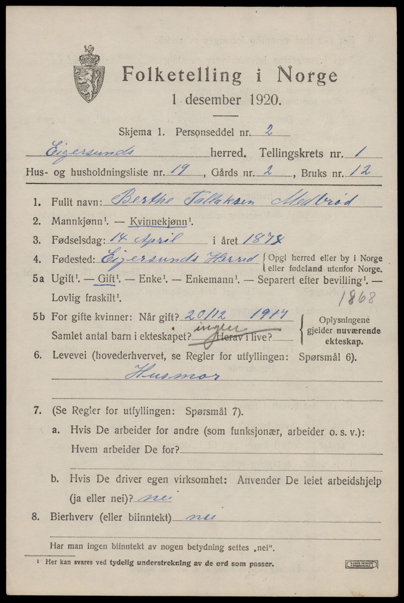 SAST, Folketelling 1920 for 1116 Eigersund herred, 1920, s. 1381