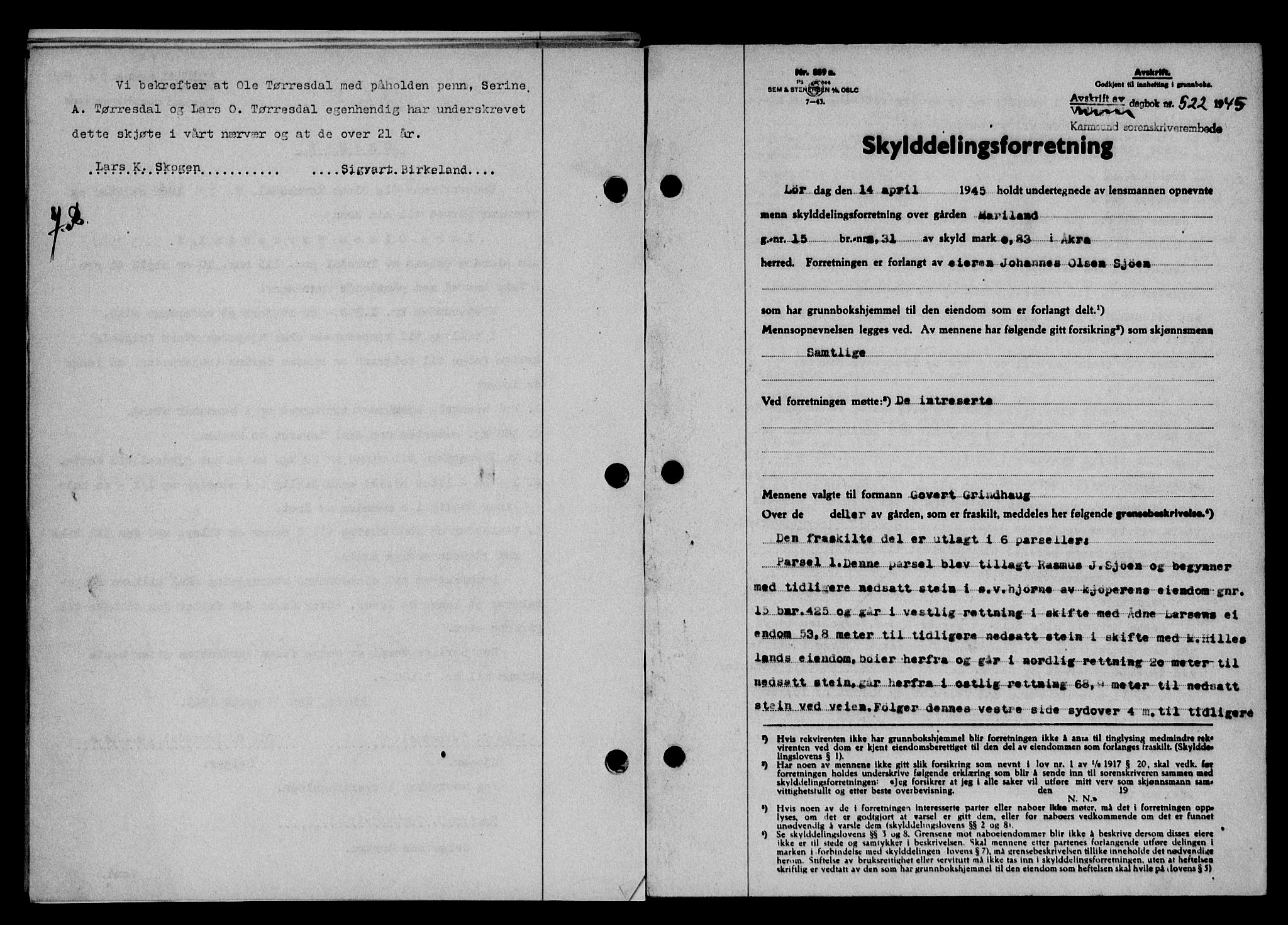 Karmsund sorenskriveri, SAST/A-100311/01/II/IIB/L0083: Pantebok nr. 64A, 1944-1945, Dagboknr: 522/1945