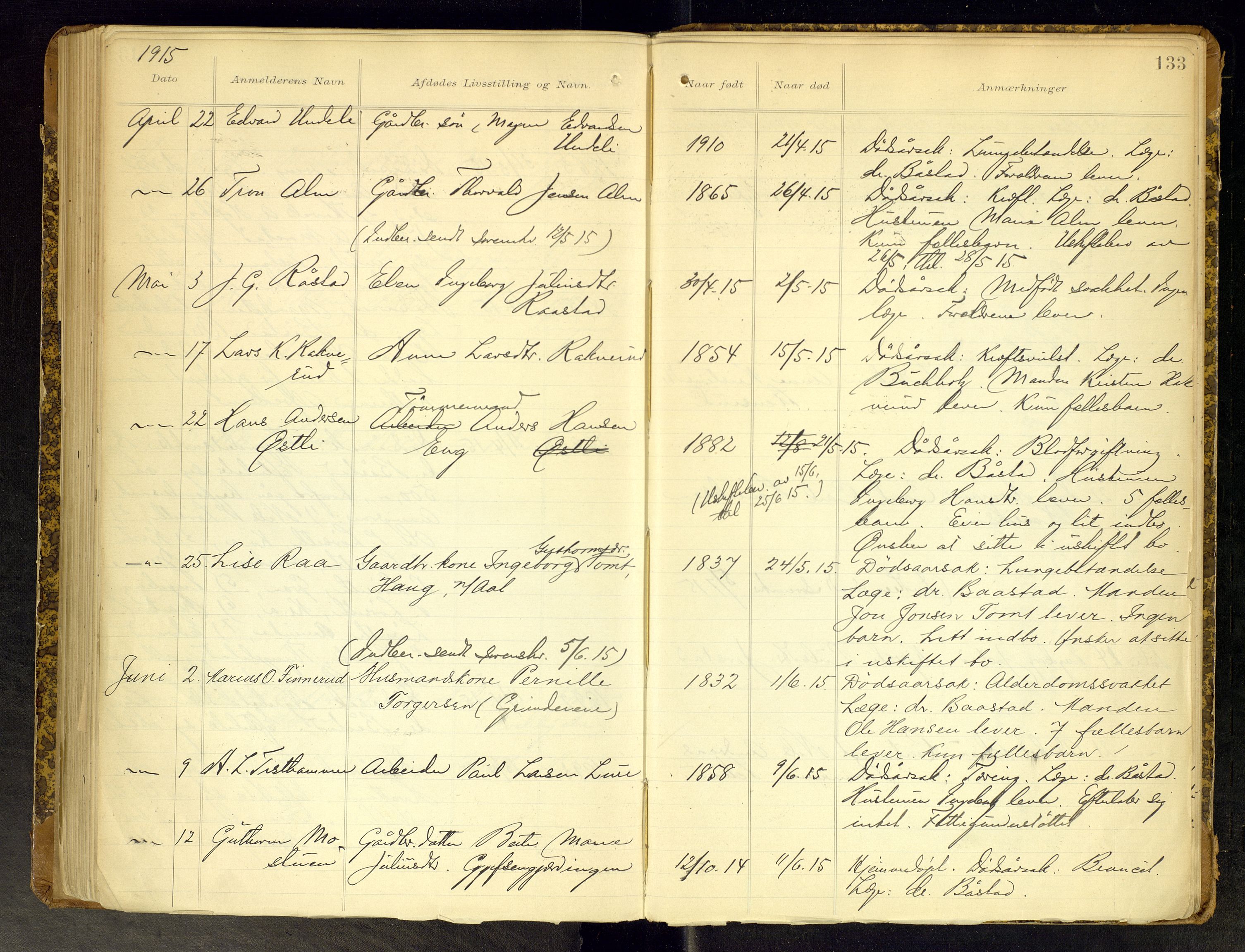 Gran lensmannskontor, AV/SAH-LOG-010/H/Ha/L0002: Dødsfallsprotokoll, 1899-1917, s. 133