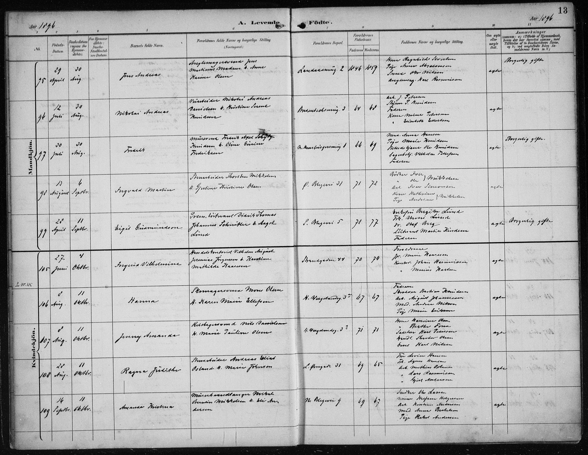 Korskirken sokneprestembete, SAB/A-76101/H/Hab: Klokkerbok nr. B 10, 1896-1905, s. 13