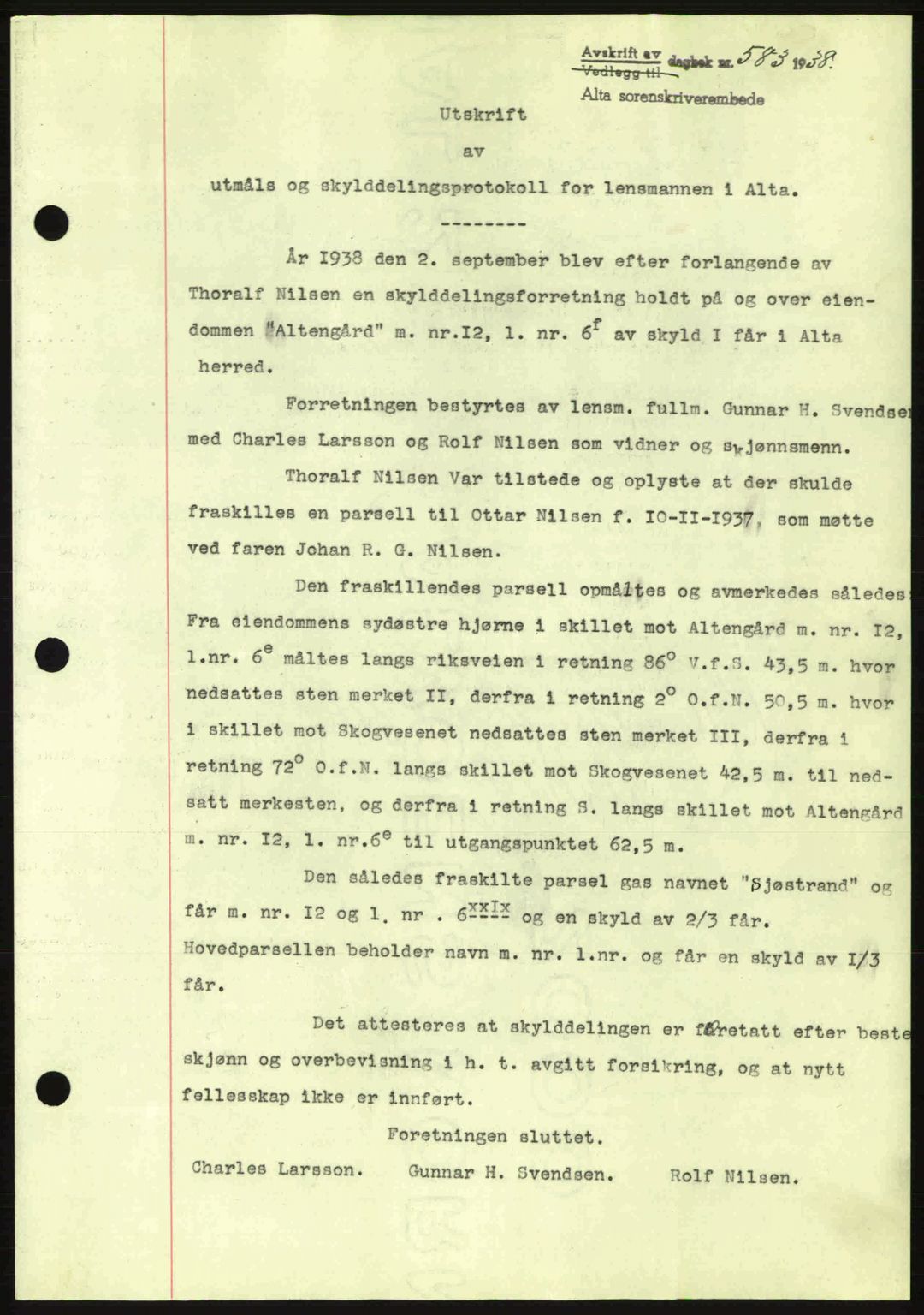 Alta fogderi/sorenskriveri, SATØ/SATØ-5/1/K/Kd/L0031pantebok: Pantebok nr. 31, 1938-1939, Dagboknr: 583/1938
