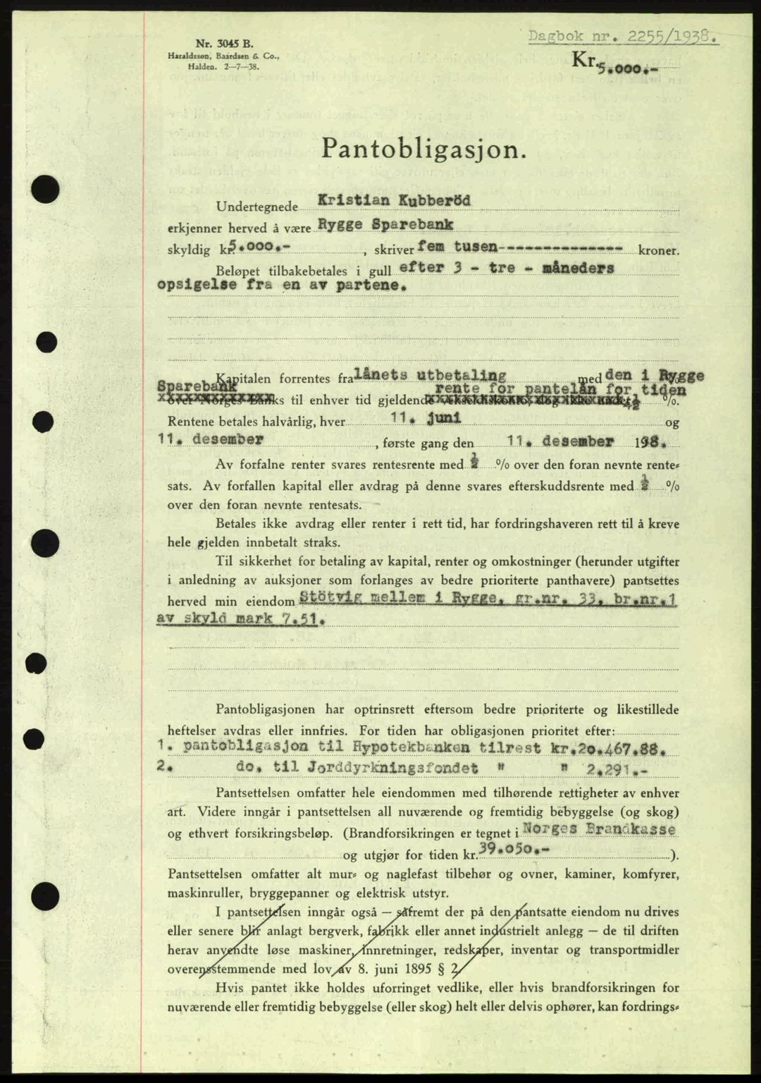 Moss sorenskriveri, SAO/A-10168: Pantebok nr. B6, 1938-1938, Dagboknr: 2255/1938