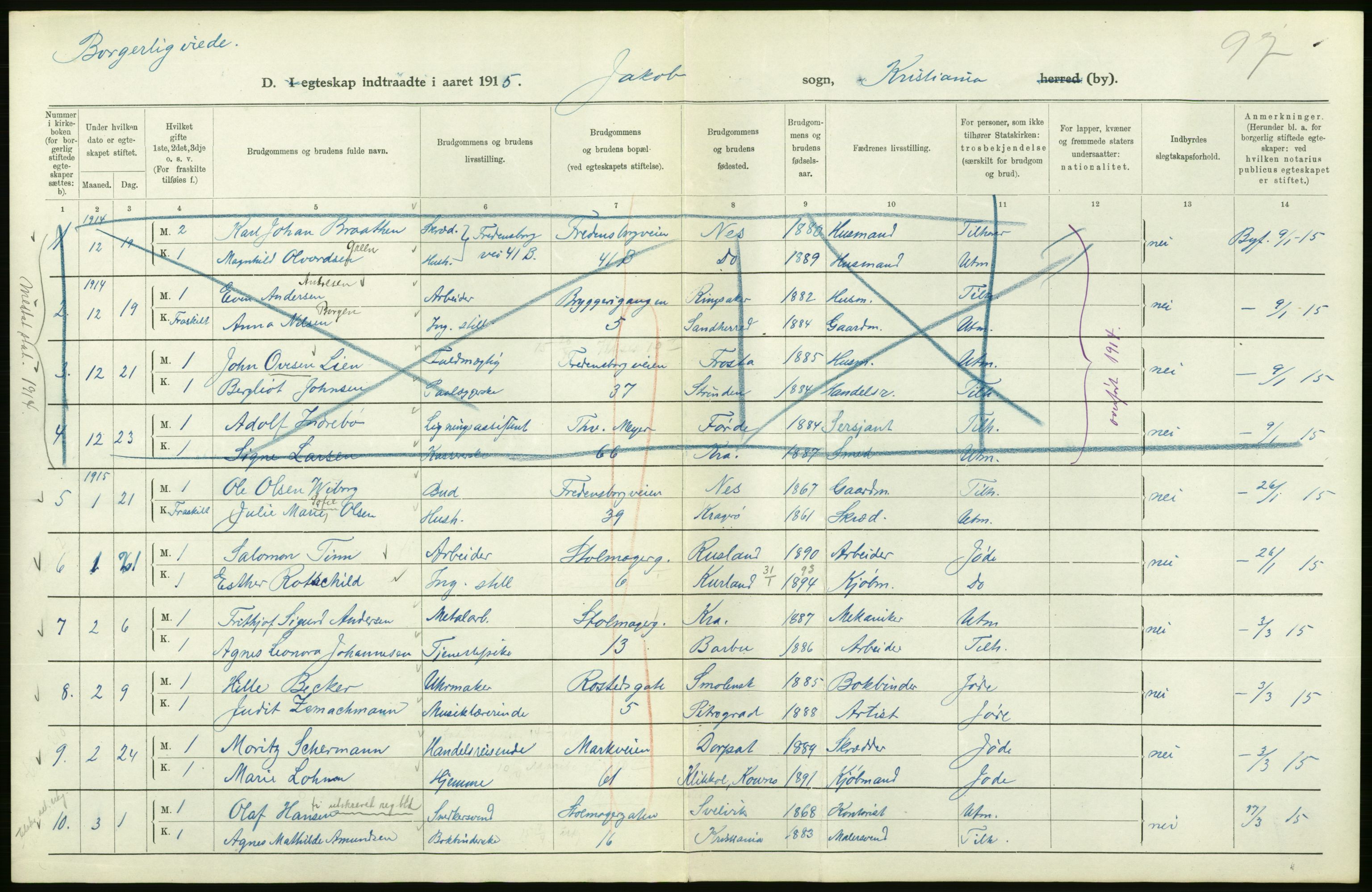 Statistisk sentralbyrå, Sosiodemografiske emner, Befolkning, RA/S-2228/D/Df/Dfb/Dfbe/L0008: Kristiania: Gifte., 1915, s. 576