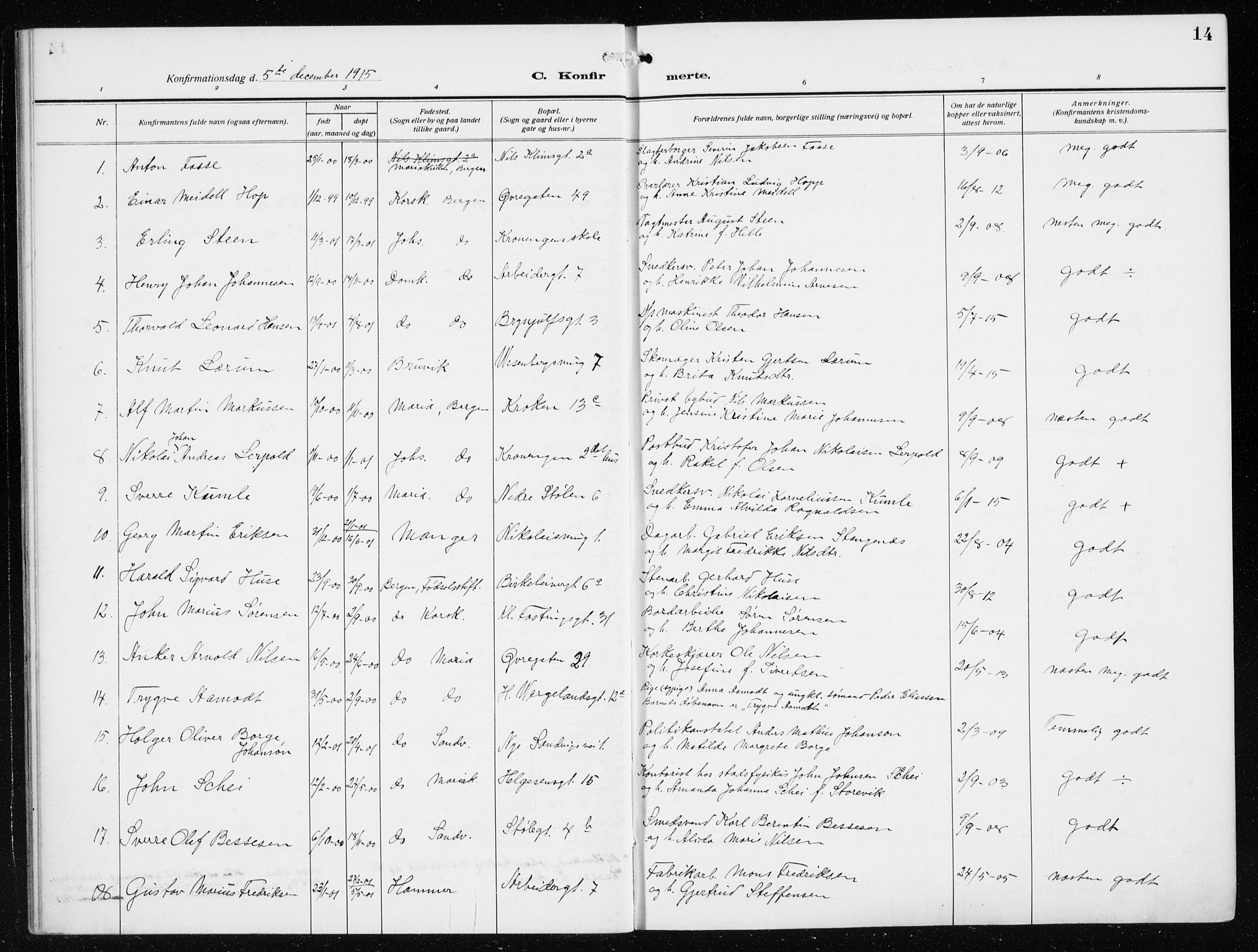 Mariakirken Sokneprestembete, AV/SAB-A-76901/H/Haa/L0015: Ministerialbok nr. C 3, 1913-1927, s. 14