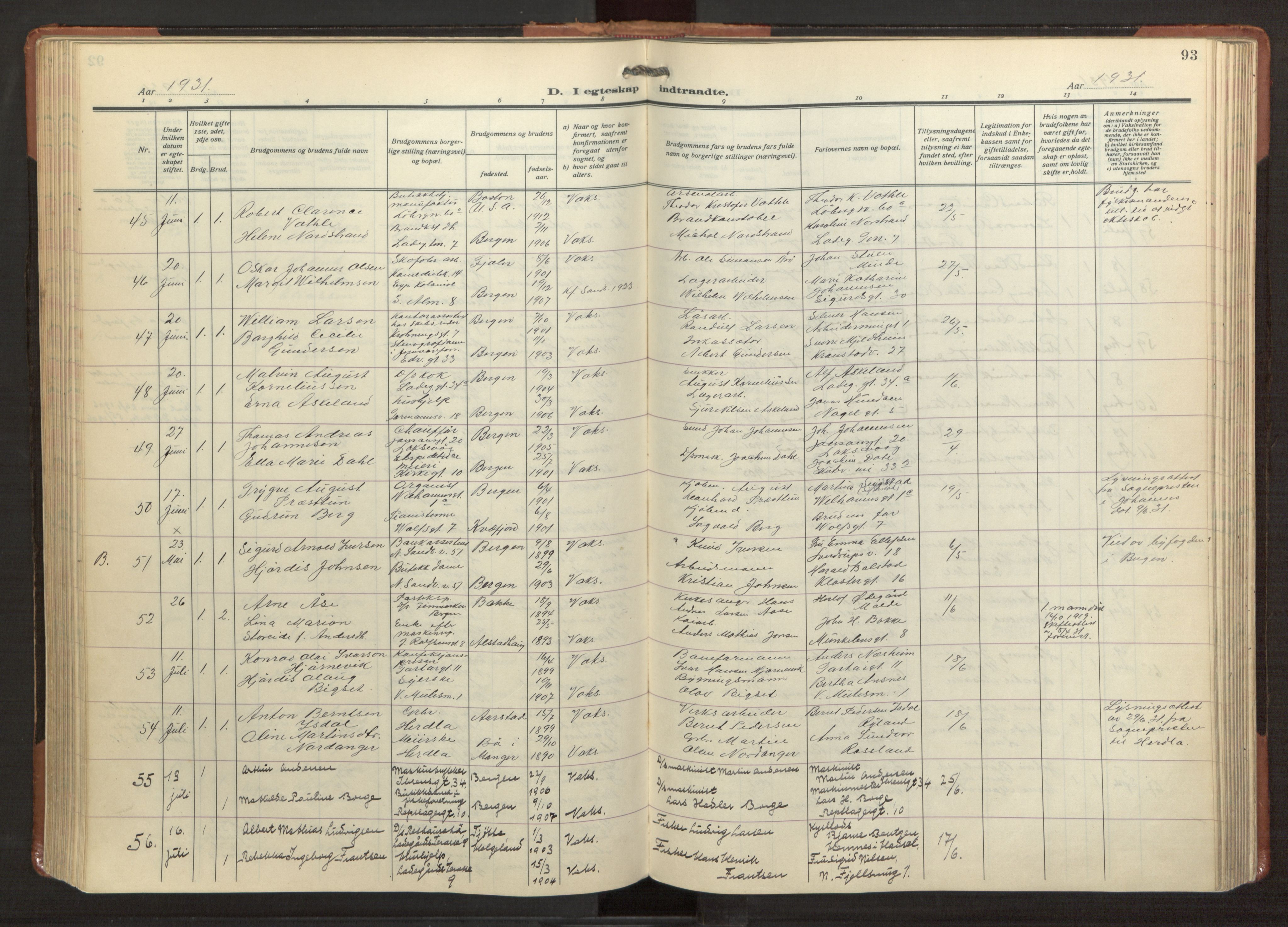 Sandviken Sokneprestembete, AV/SAB-A-77601/H/Ha/L0016: Ministerialbok nr. D 3, 1923-1940, s. 93
