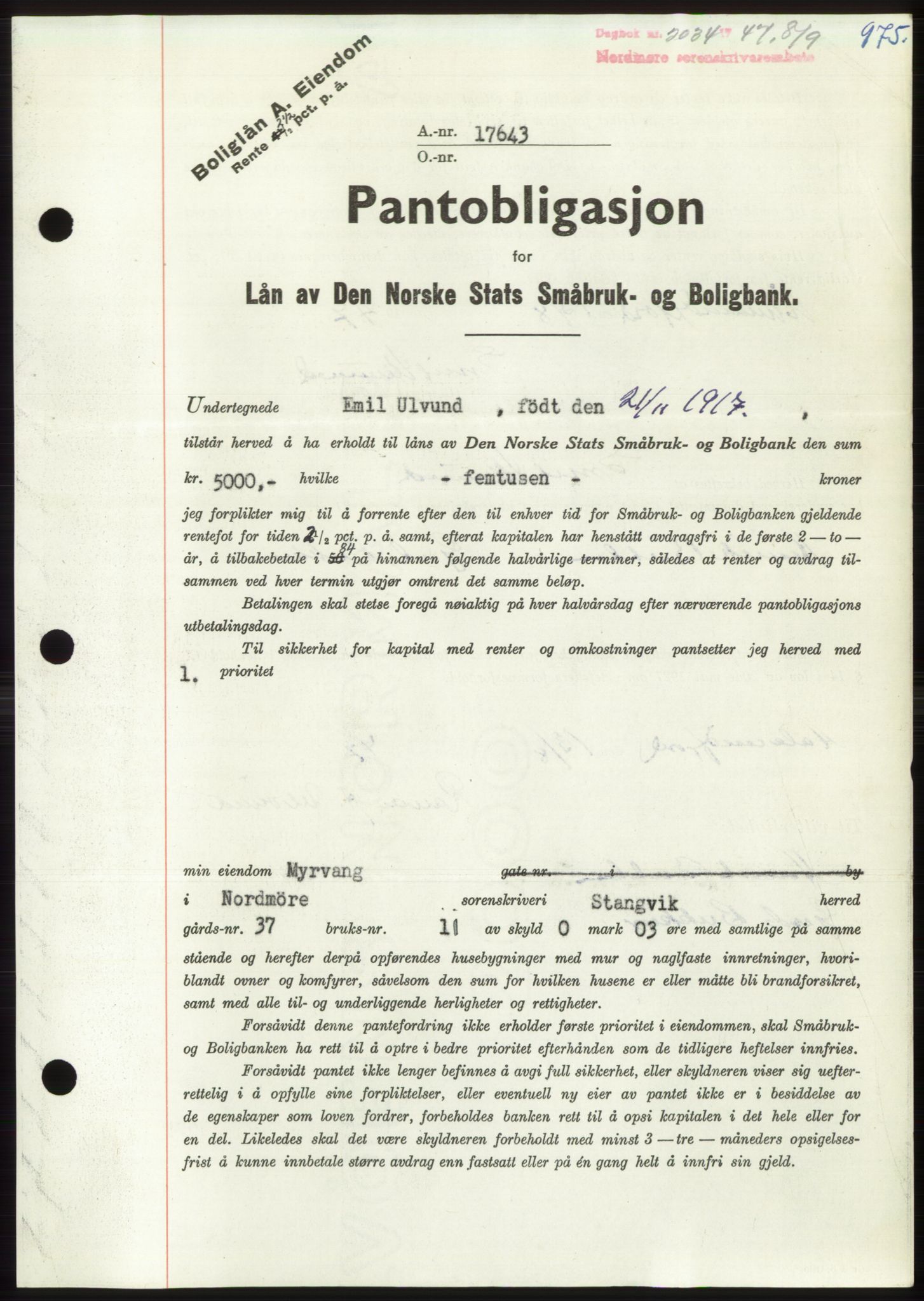 Nordmøre sorenskriveri, AV/SAT-A-4132/1/2/2Ca: Pantebok nr. B96, 1947-1947, Dagboknr: 2034/1947