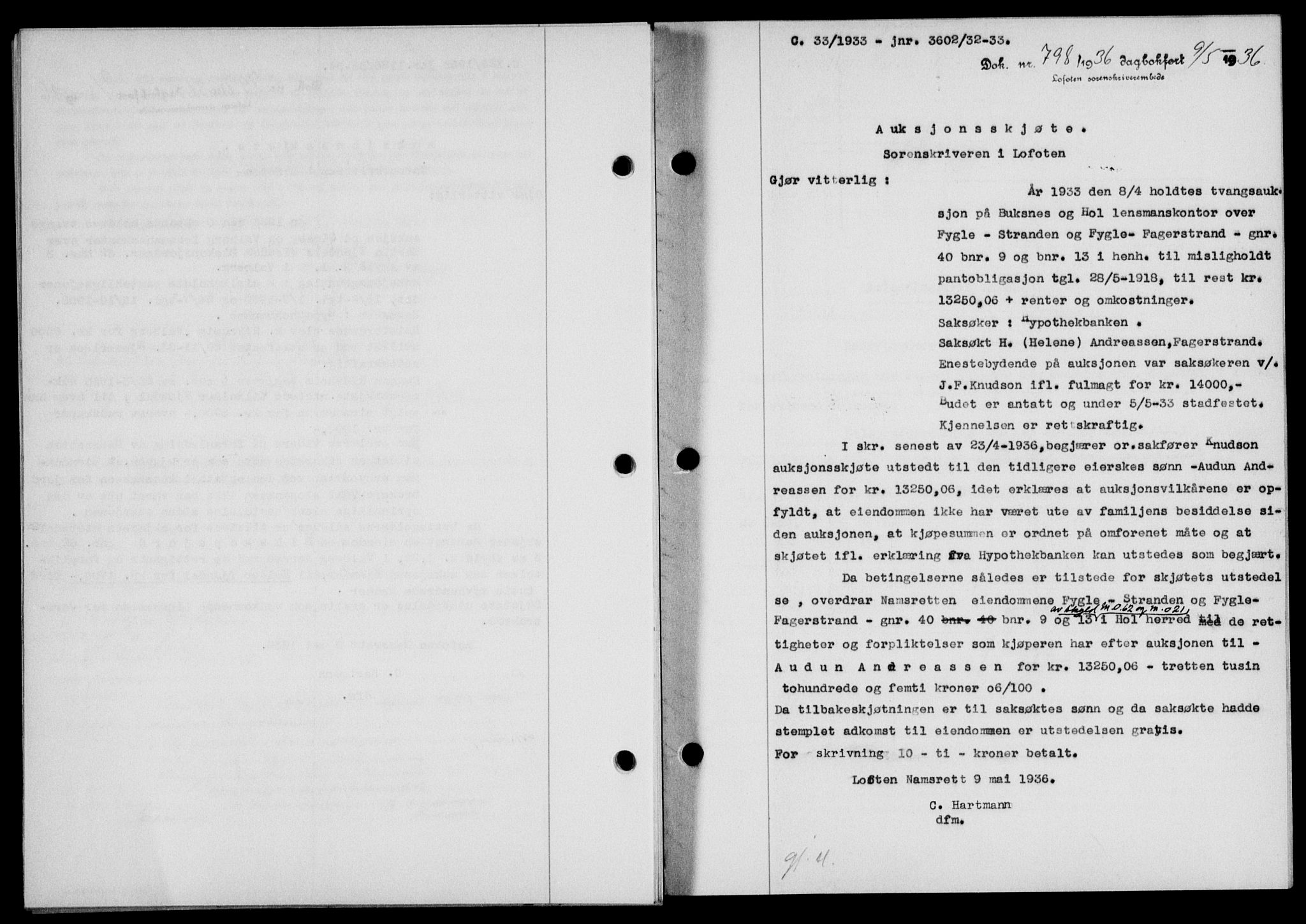 Lofoten sorenskriveri, SAT/A-0017/1/2/2C/L0033b: Pantebok nr. 33b, 1936-1936, Dagboknr: 798/1936