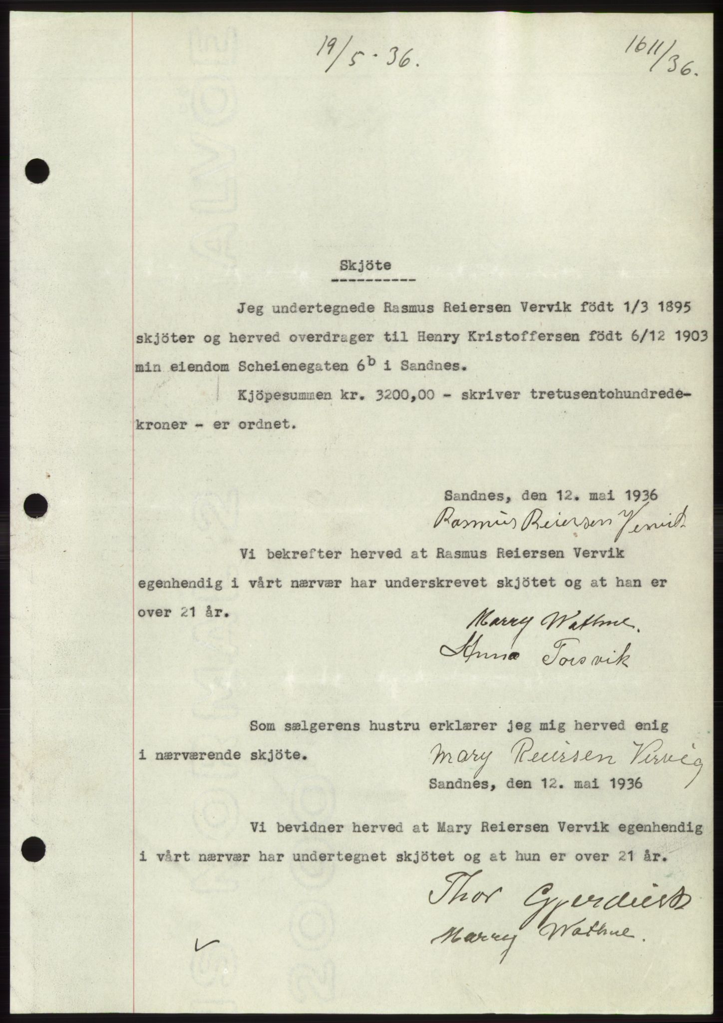 Jæren sorenskriveri, SAST/A-100310/03/G/Gba/L0065: Pantebok nr. 71, 1936-1936, Dagboknr: 1611/1936