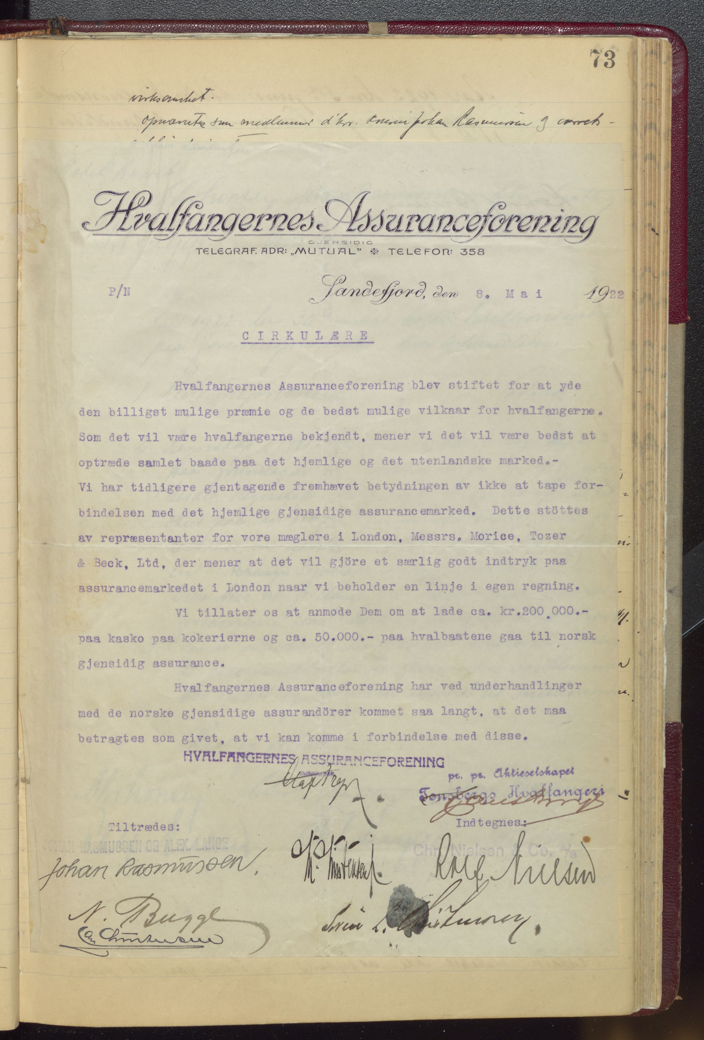 Hvalfangernes Assuranceforening, VEMU/ARS-A-1024/A/Ab/L0002: Direksjonsprotokoll, 1912-1962, s. 77