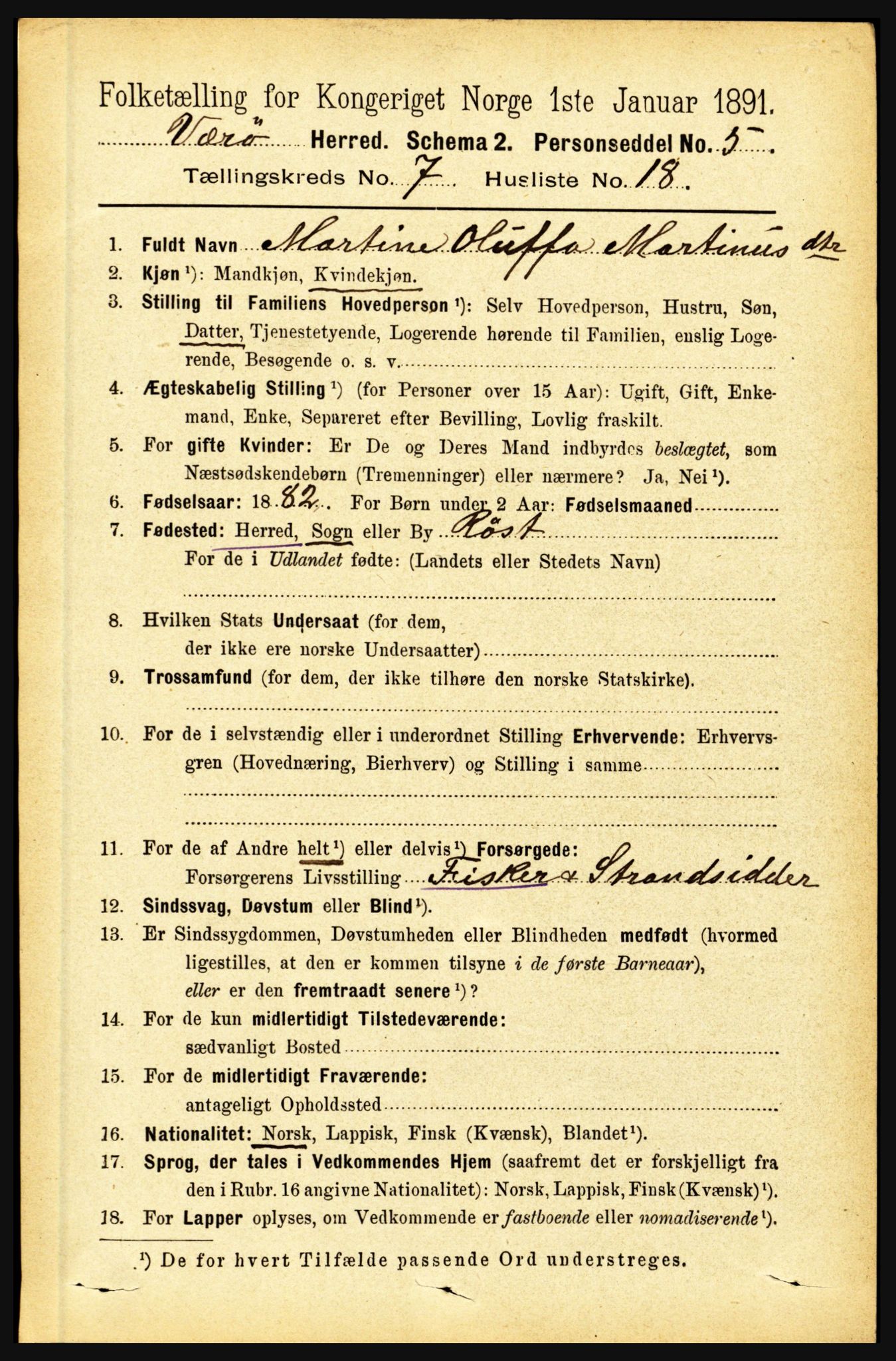 RA, Folketelling 1891 for 1857 Værøy herred, 1891, s. 873