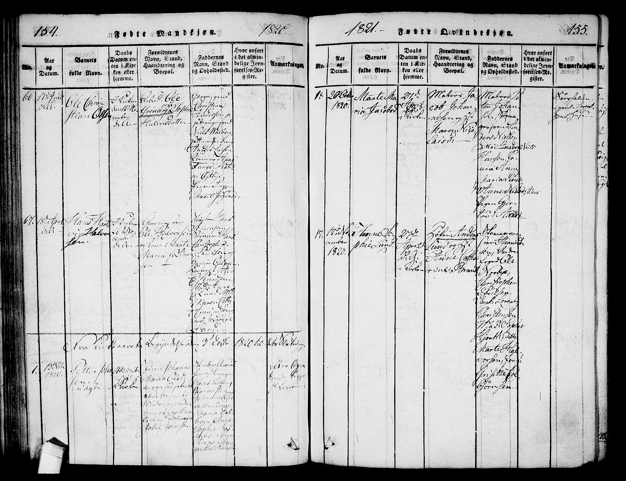 Halden prestekontor Kirkebøker, AV/SAO-A-10909/G/Ga/L0001: Klokkerbok nr. 1, 1815-1833, s. 154-155
