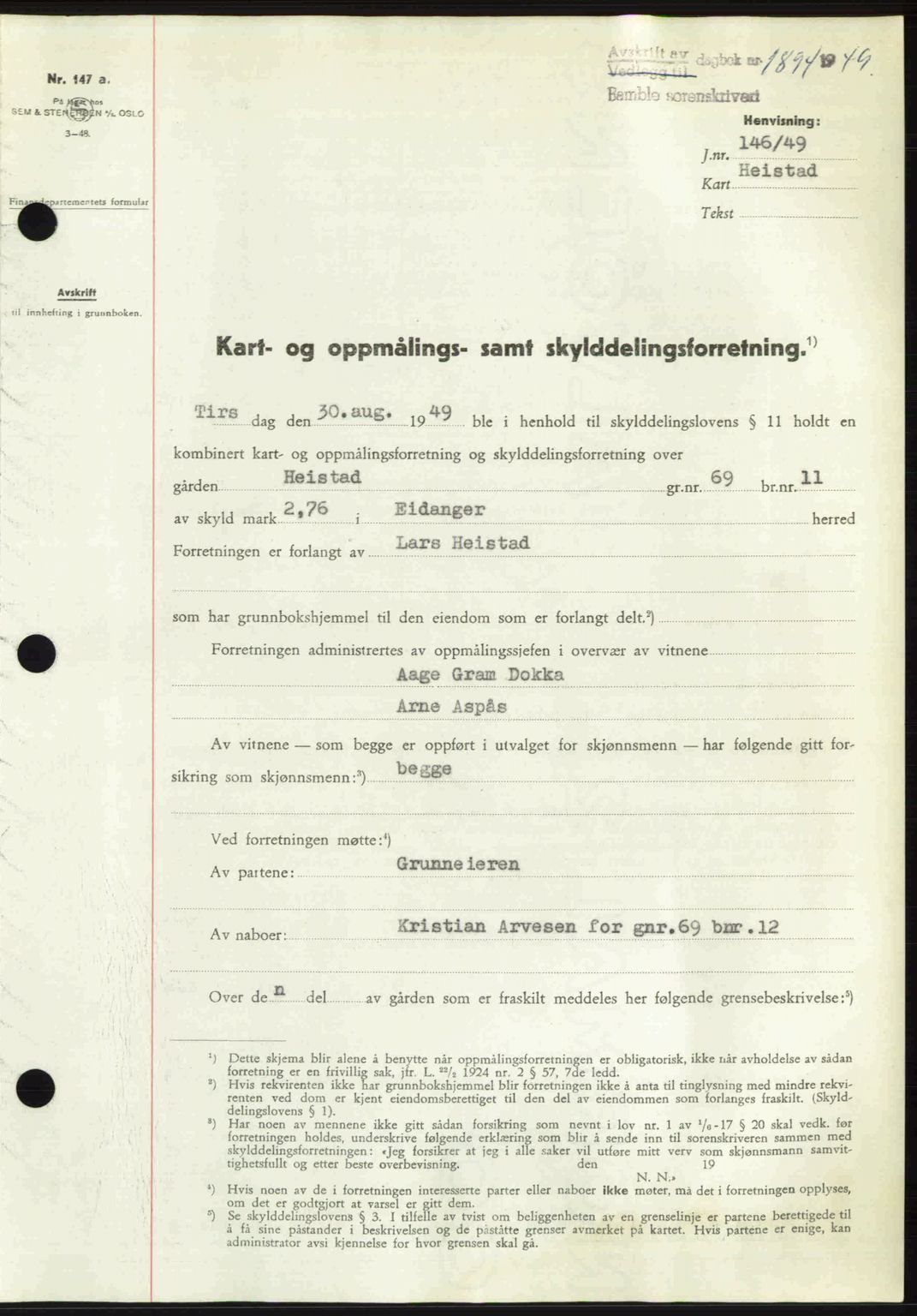 Bamble sorenskriveri, SAKO/A-214/G/Ga/Gag/L0015: Pantebok nr. A-15, 1949-1949, Dagboknr: 1894/1949