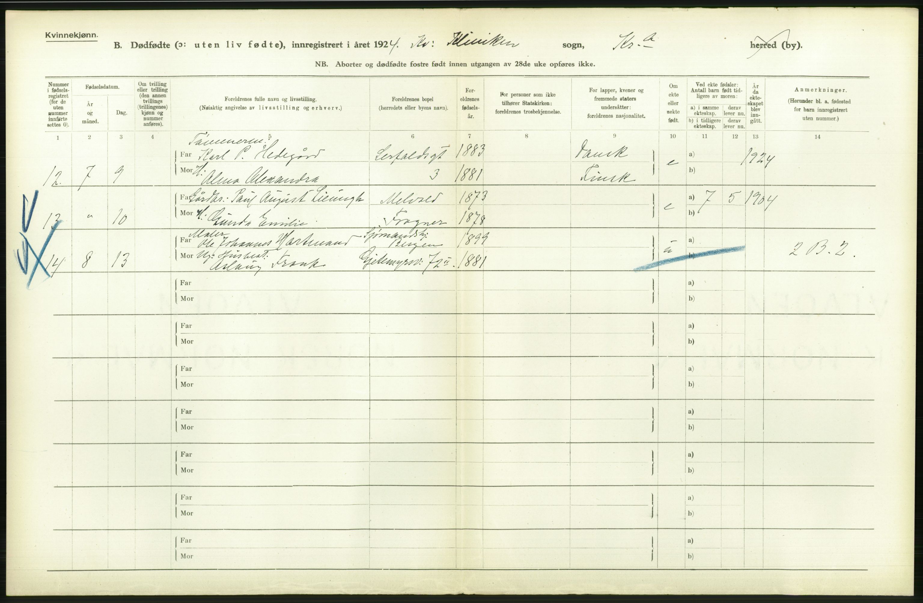 Statistisk sentralbyrå, Sosiodemografiske emner, Befolkning, AV/RA-S-2228/D/Df/Dfc/Dfcd/L0009: Kristiania: Døde kvinner, dødfødte, 1924, s. 730