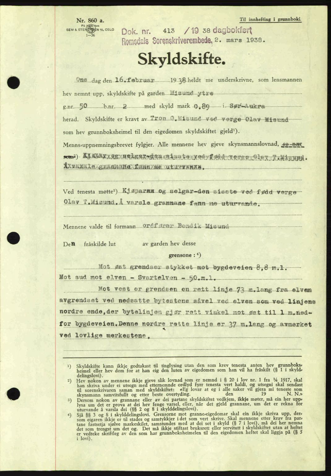Romsdal sorenskriveri, SAT/A-4149/1/2/2C: Pantebok nr. A4, 1937-1938, Dagboknr: 413/1938