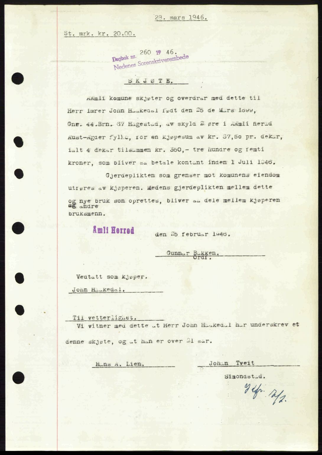 Nedenes sorenskriveri, AV/SAK-1221-0006/G/Gb/Gba/L0054: Pantebok nr. A6c, 1946-1946, Dagboknr: 260/1946