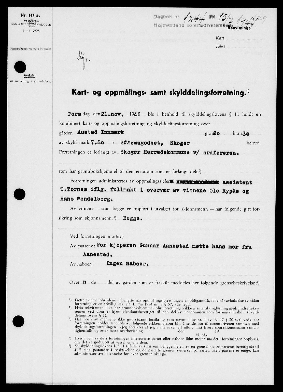 Holmestrand sorenskriveri, SAKO/A-67/G/Ga/Gaa/L0062: Pantebok nr. A-62, 1947-1947, Dagboknr: 1244/1947