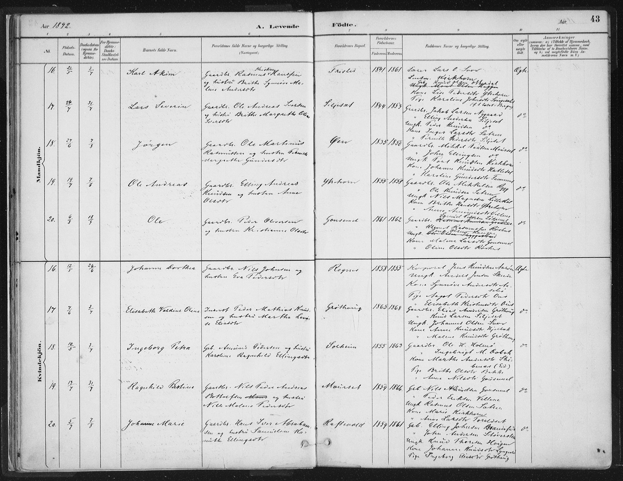 Hornindal sokneprestembete, AV/SAB-A-82401/H/Haa/Haaa/L0003/0001: Ministerialbok nr. A 3A, 1887-1917, s. 43