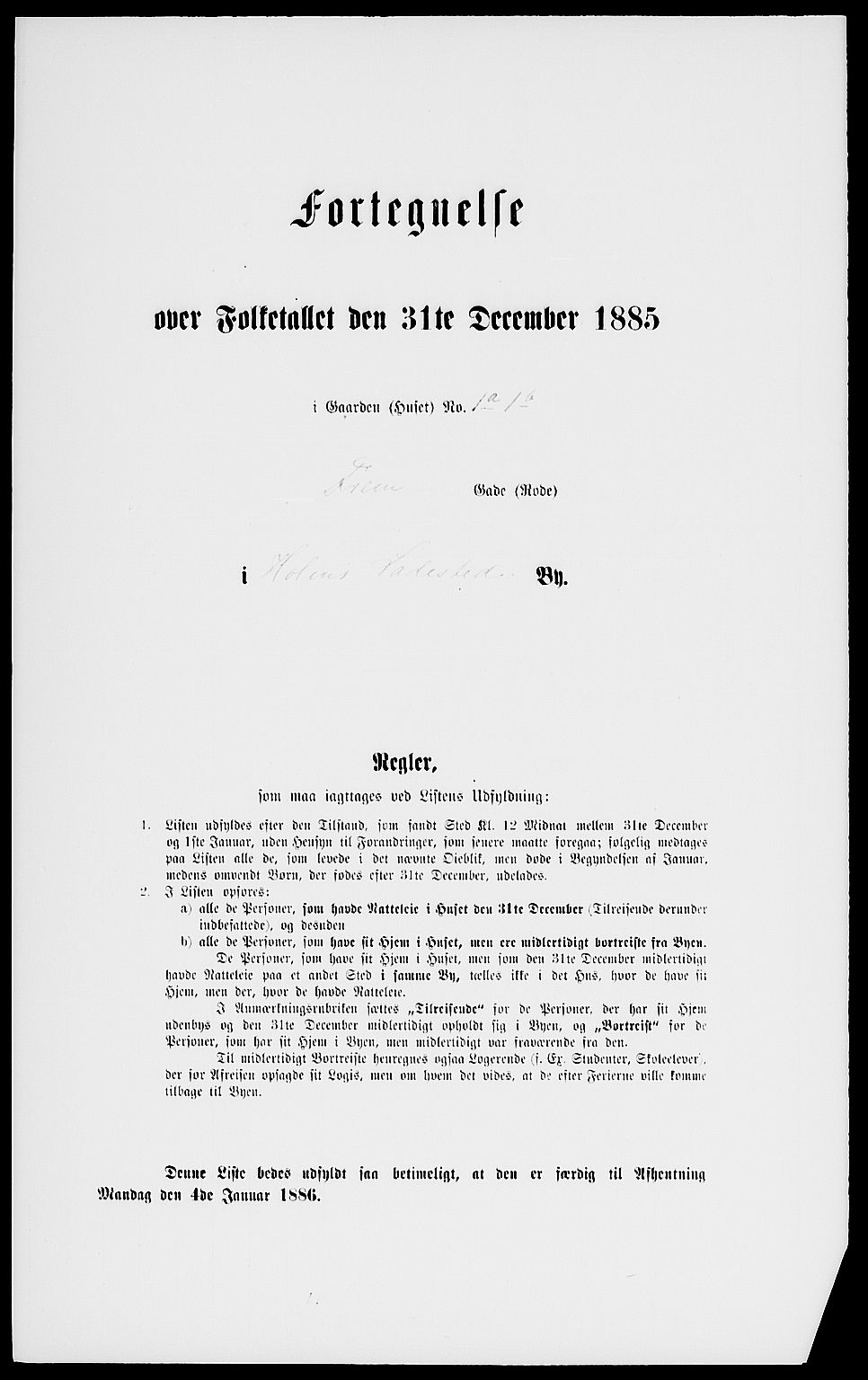 RA, Folketelling 1885 for 0204 Hølen ladested, 1885, s. 1