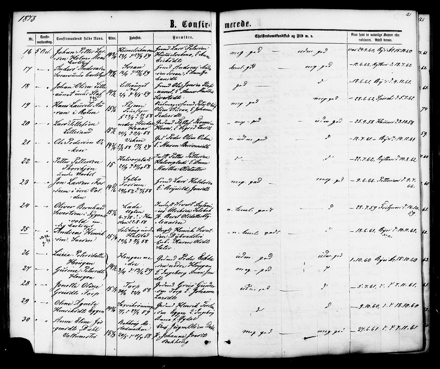 Ministerialprotokoller, klokkerbøker og fødselsregistre - Sør-Trøndelag, SAT/A-1456/616/L0409: Ministerialbok nr. 616A06, 1865-1877, s. 121