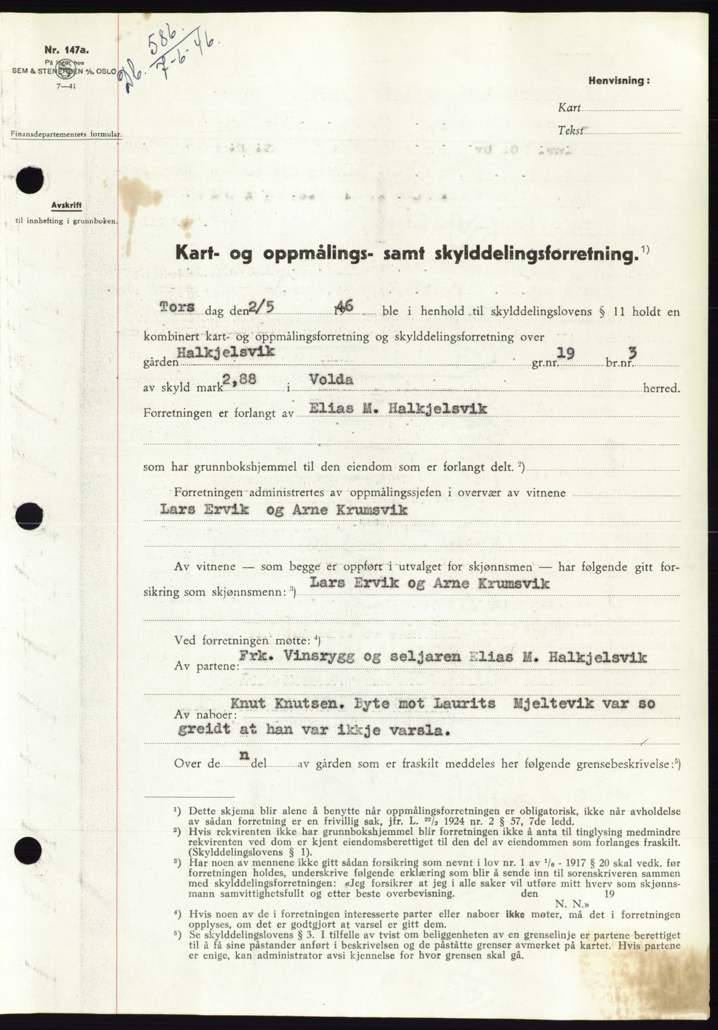 Søre Sunnmøre sorenskriveri, SAT/A-4122/1/2/2C/L0078: Pantebok nr. 4A, 1946-1946, Dagboknr: 586/1946