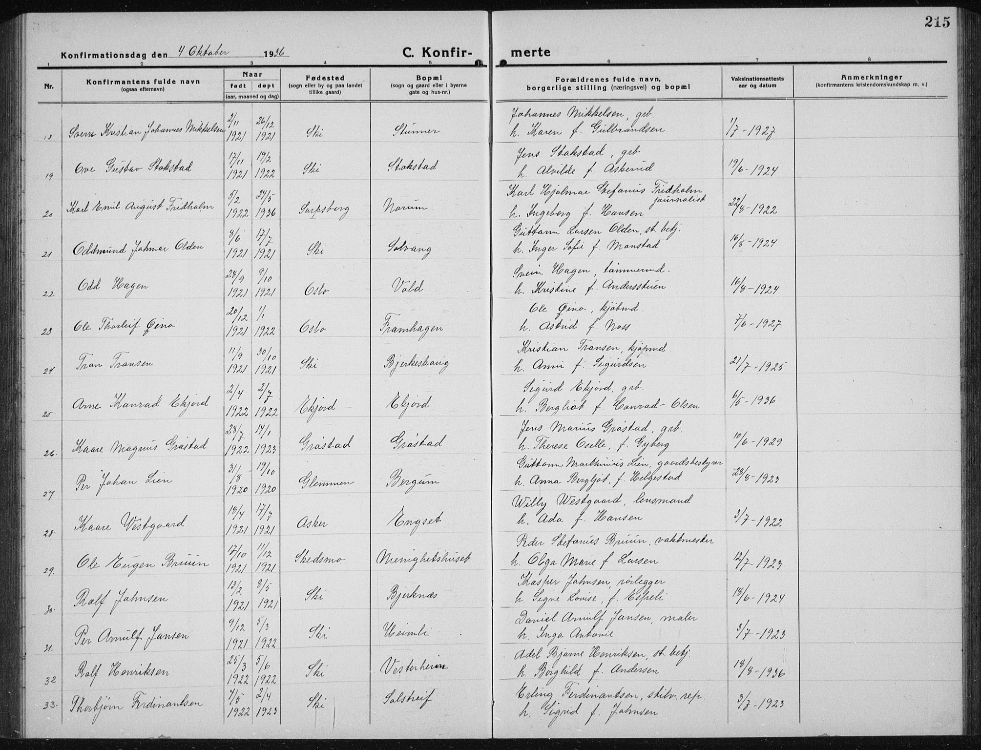 Kråkstad prestekontor Kirkebøker, AV/SAO-A-10125a/G/Gb/L0002: Klokkerbok nr. II 2, 1921-1941, s. 215