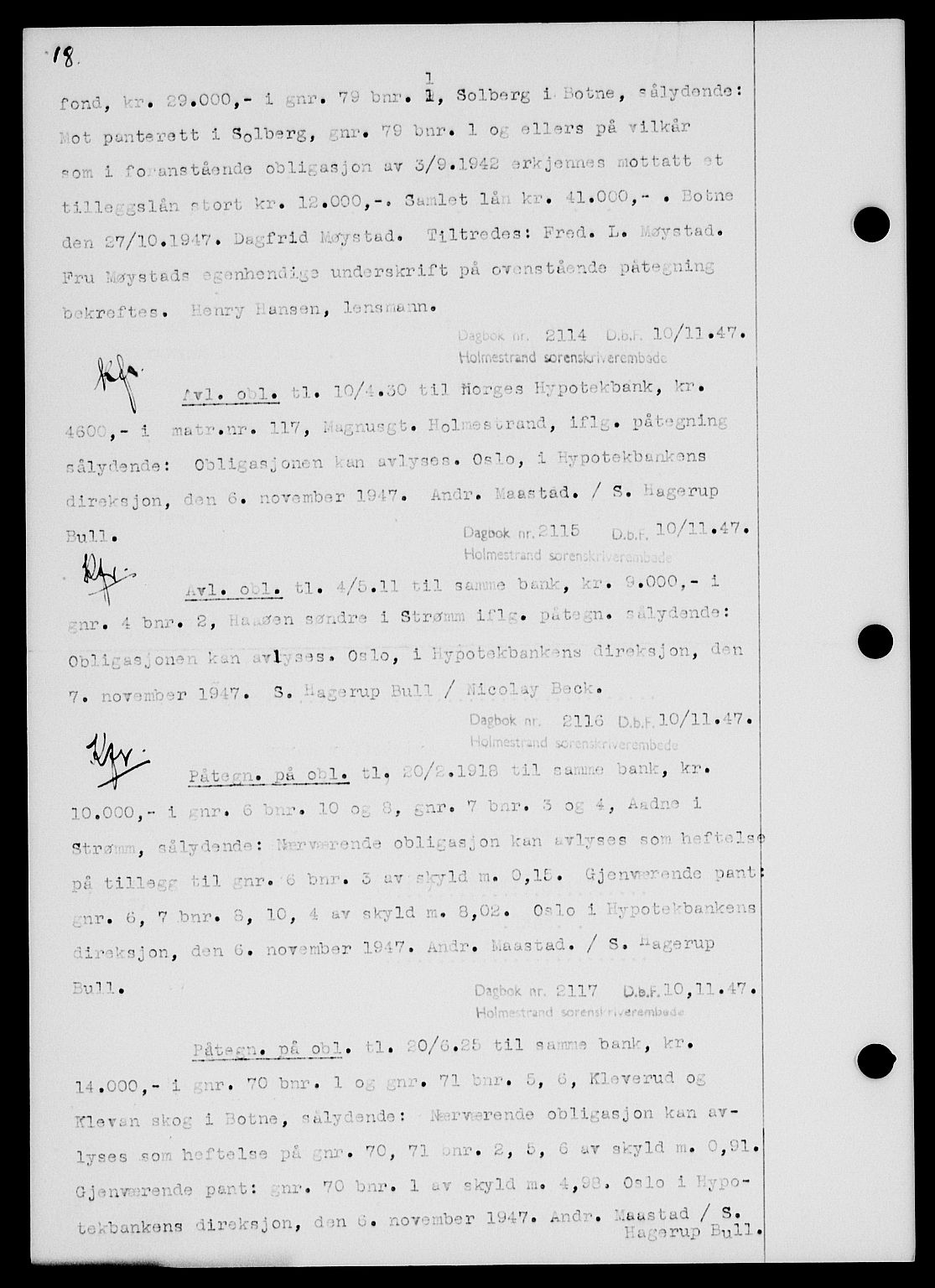 Holmestrand sorenskriveri, SAKO/A-67/G/Ga/Gab/L0058: Pantebok nr. B-58, 1947-1948, s. 18, Dagboknr: 2114/1947