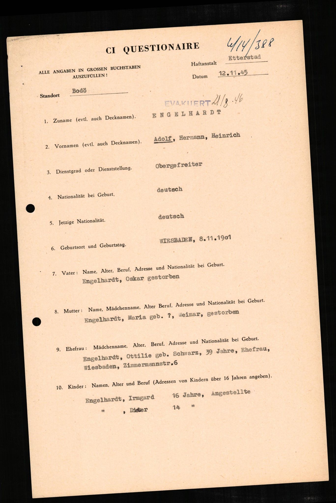 Forsvaret, Forsvarets overkommando II, RA/RAFA-3915/D/Db/L0007: CI Questionaires. Tyske okkupasjonsstyrker i Norge. Tyskere., 1945-1946, s. 222