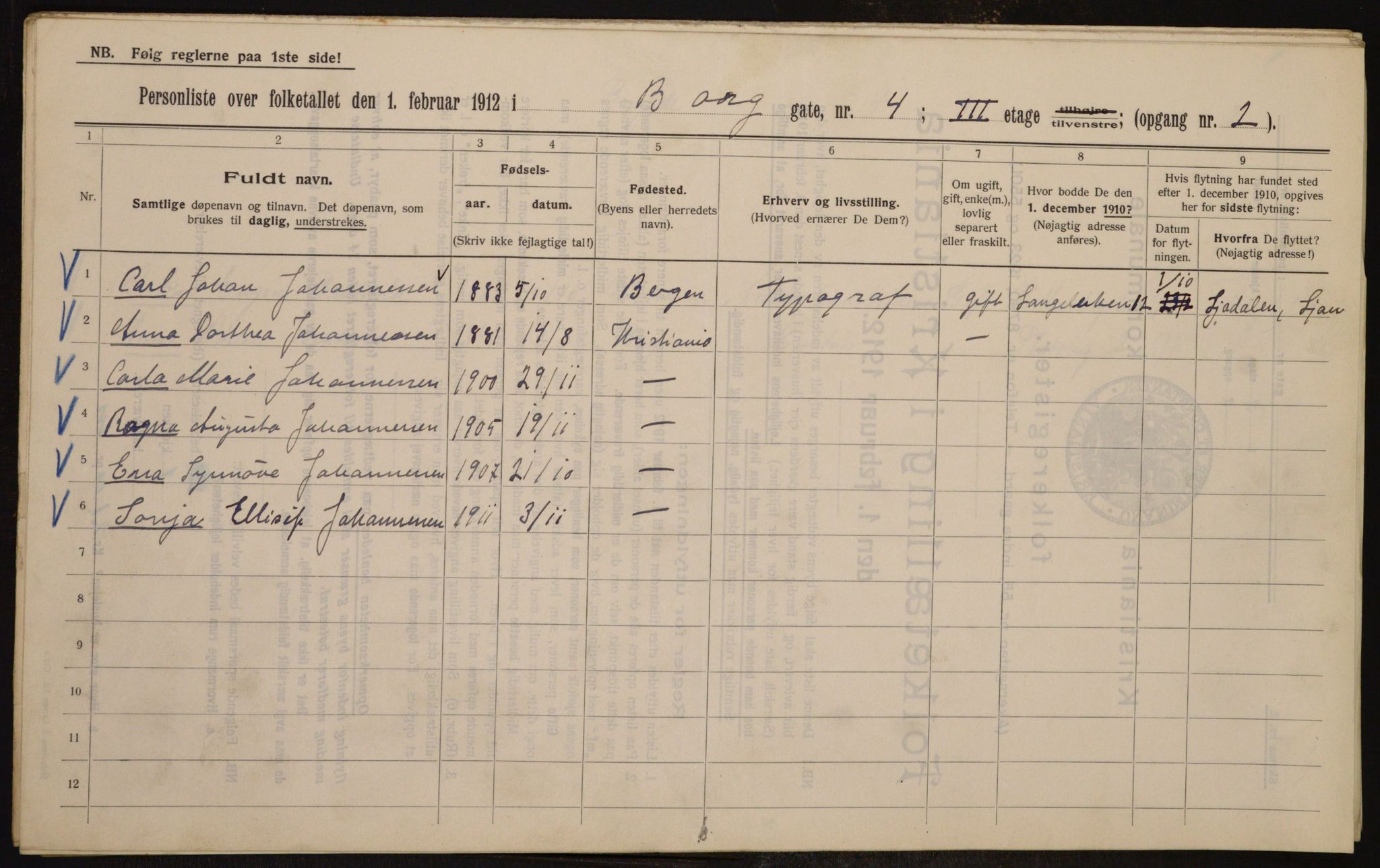 OBA, Kommunal folketelling 1.2.1912 for Kristiania, 1912, s. 7578