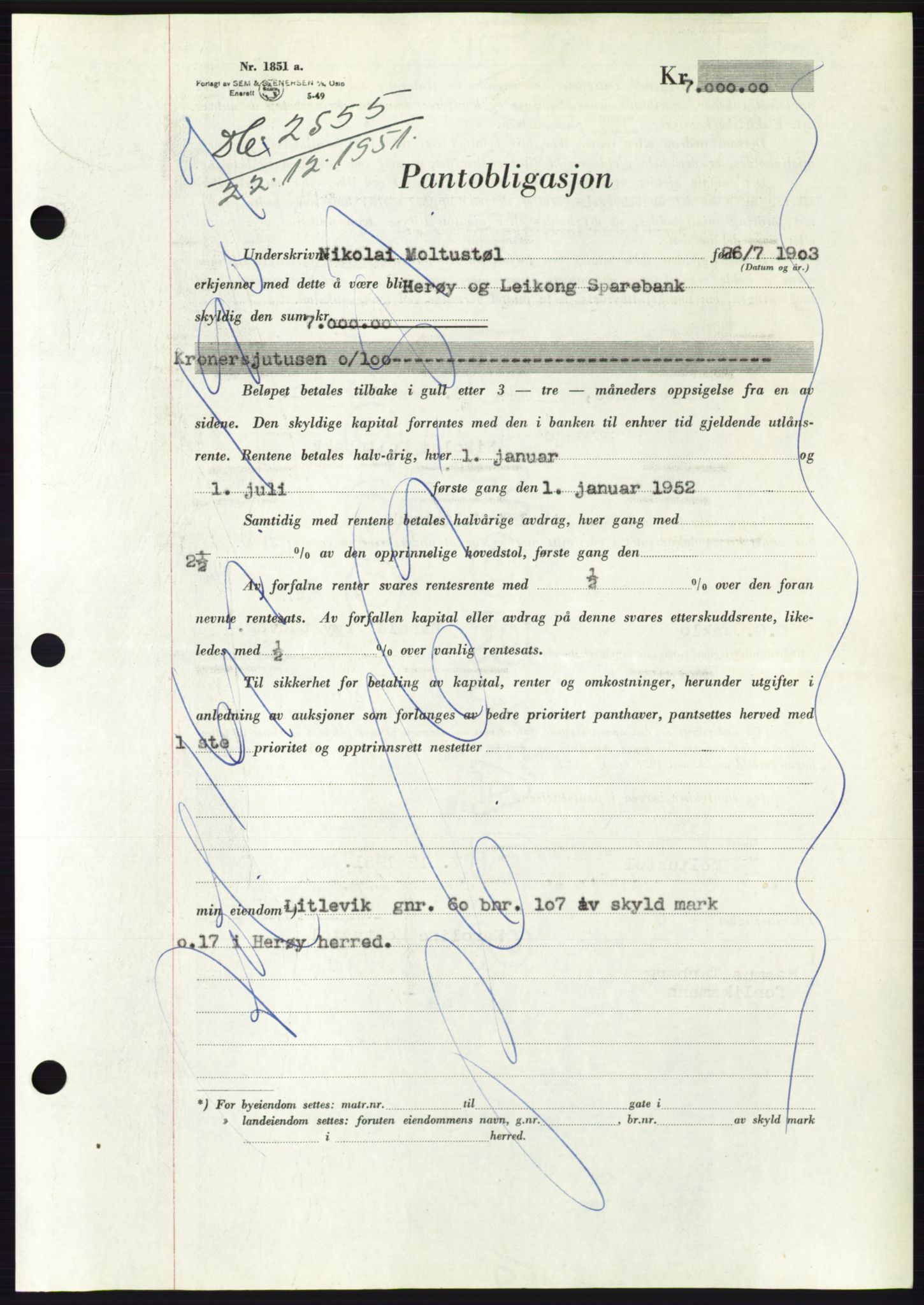 Søre Sunnmøre sorenskriveri, AV/SAT-A-4122/1/2/2C/L0121: Pantebok nr. 9B, 1951-1952, Dagboknr: 2555/1951