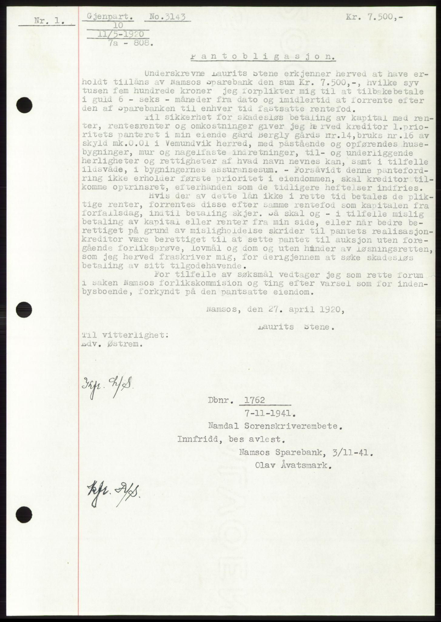 Namdal sorenskriveri, SAT/A-4133/1/2/2C: Pantebok nr. -, 1916-1921, Tingl.dato: 11.05.1920