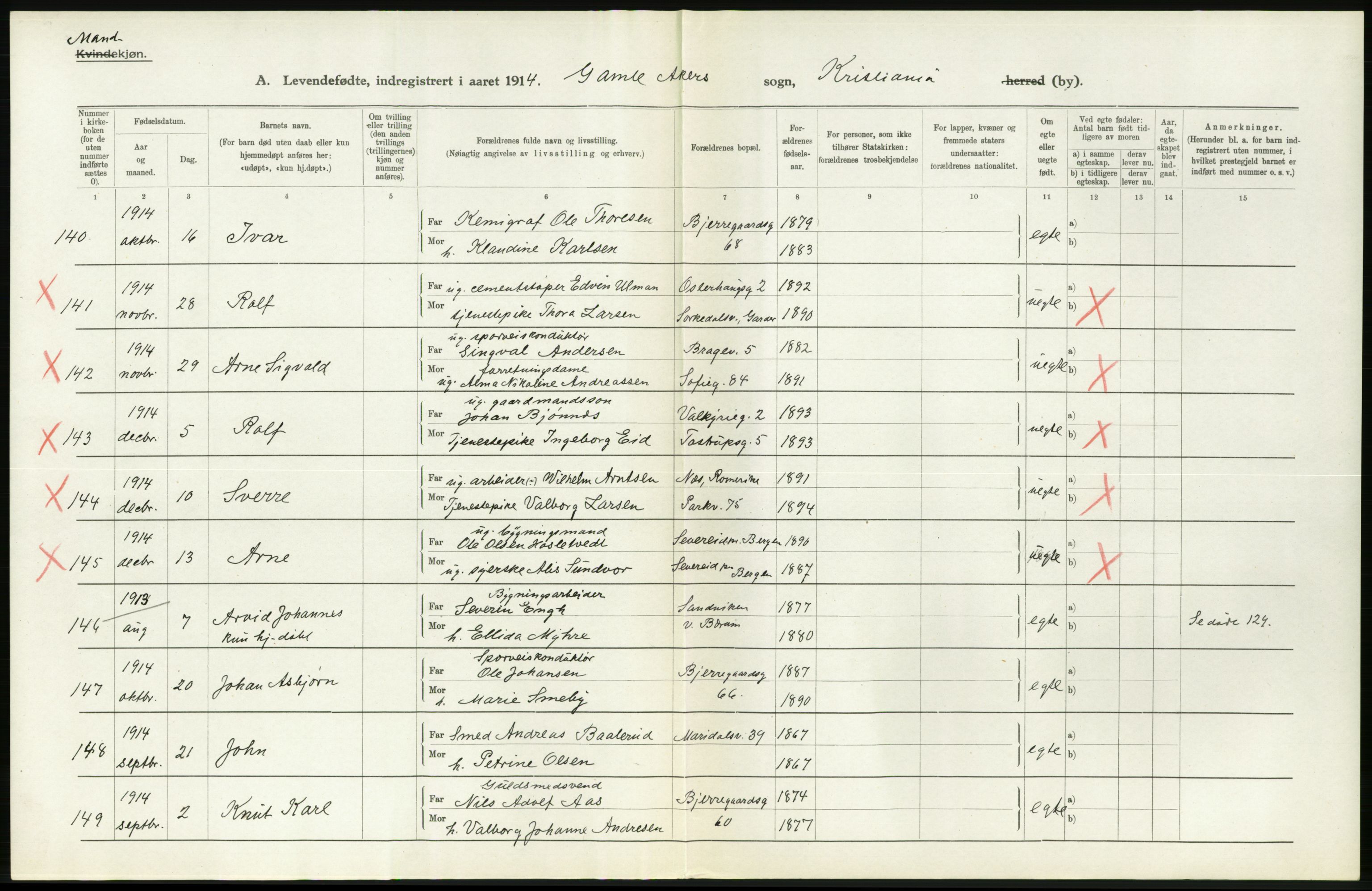 Statistisk sentralbyrå, Sosiodemografiske emner, Befolkning, AV/RA-S-2228/D/Df/Dfb/Dfbd/L0006: Kristiania: Levendefødte menn og kvinner., 1914, s. 322