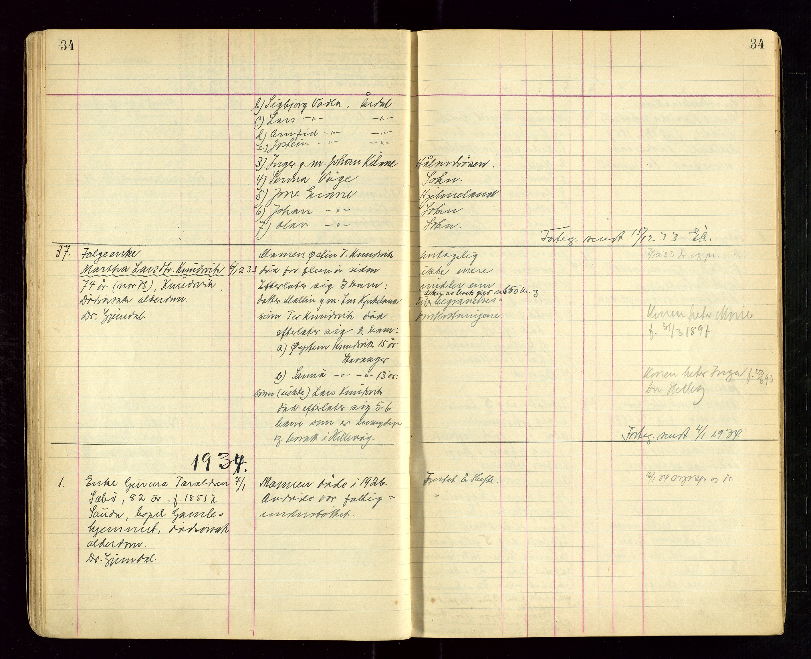 Hjelmeland lensmannskontor, AV/SAST-A-100439/Ggb/L0004: "Dødsprotokoll (dødsanmeldelsesbok)", 1929-1950, s. 34