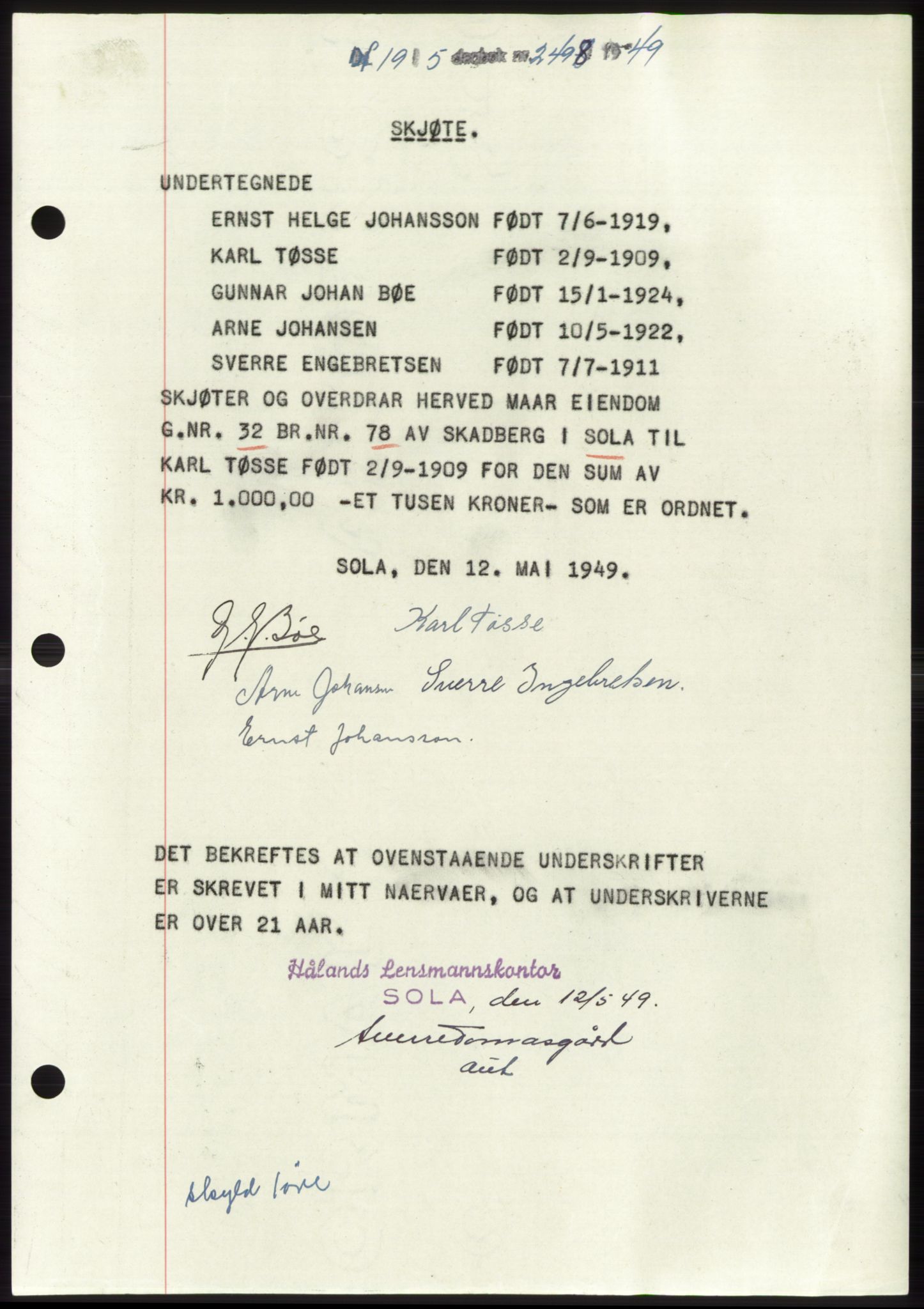 Jæren sorenskriveri, SAST/A-100310/03/G/Gba/L0102: Pantebok, 1949-1949, Dagboknr: 2498/1949
