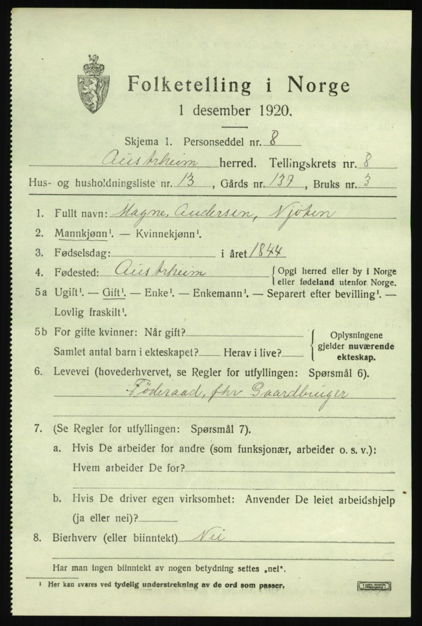 SAB, Folketelling 1920 for 1264 Austrheim herred, 1920, s. 3140