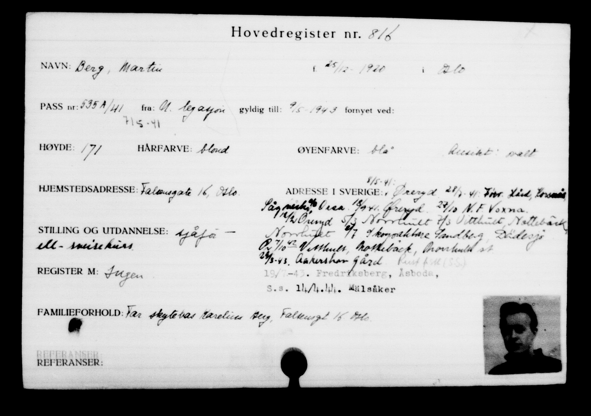Utenriksstasjonene, Legasjonen i Stockholm, Flyktningkontoret, AV/RA-S-6753/V/Va/L0001: Kjesäterkartoteket, flyktninger med registreringsnr. 1-1000, 1940-1945, s. 1290