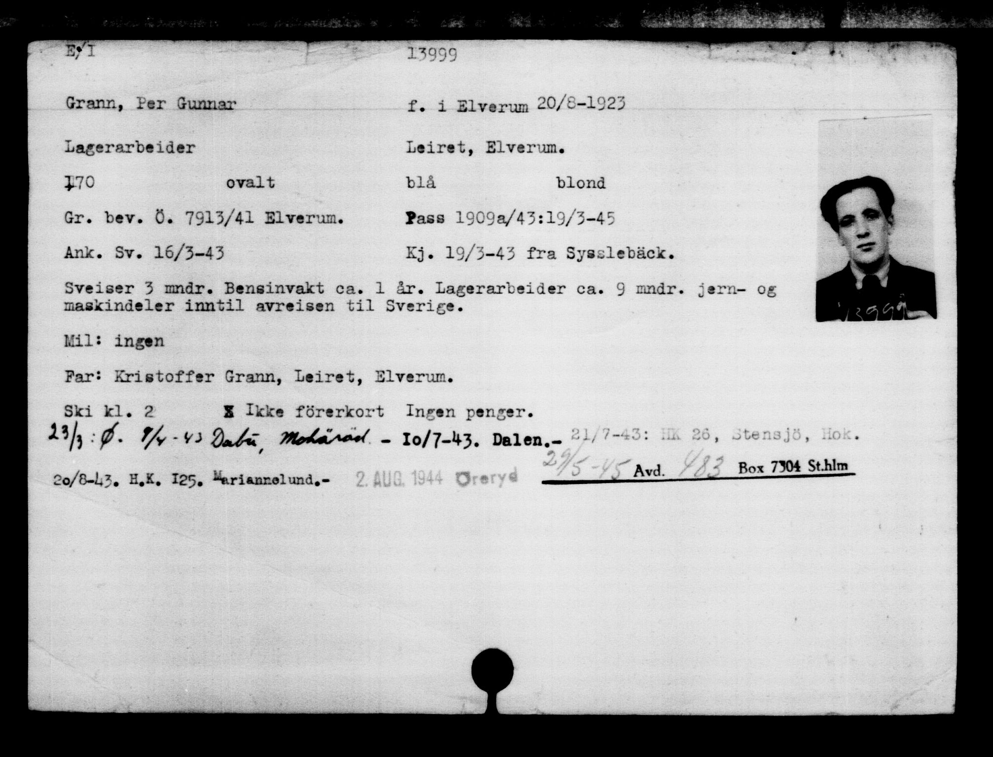 Den Kgl. Norske Legasjons Flyktningskontor, AV/RA-S-6753/V/Va/L0007: Kjesäterkartoteket.  Flyktningenr. 12700-15723, 1940-1945, s. 1491