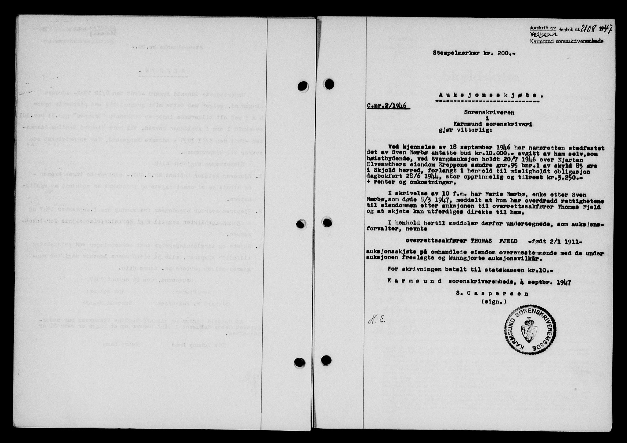 Karmsund sorenskriveri, SAST/A-100311/01/II/IIB/L0090: Pantebok nr. 70A, 1947-1947, Dagboknr: 2108/1947