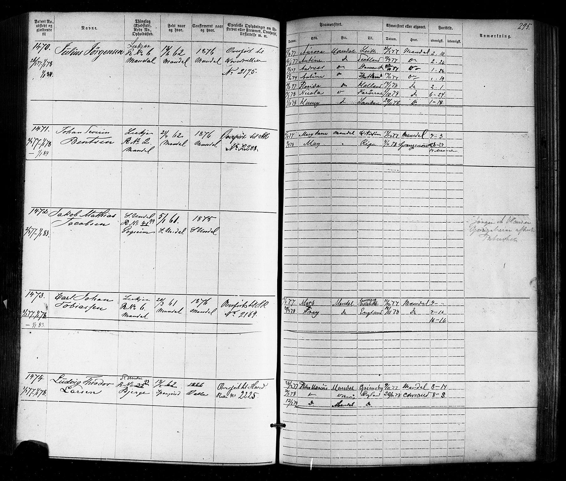 Mandal mønstringskrets, SAK/2031-0016/F/Fa/L0005: Annotasjonsrulle nr 1-1909 med register, Y-15, 1868-1880, s. 337