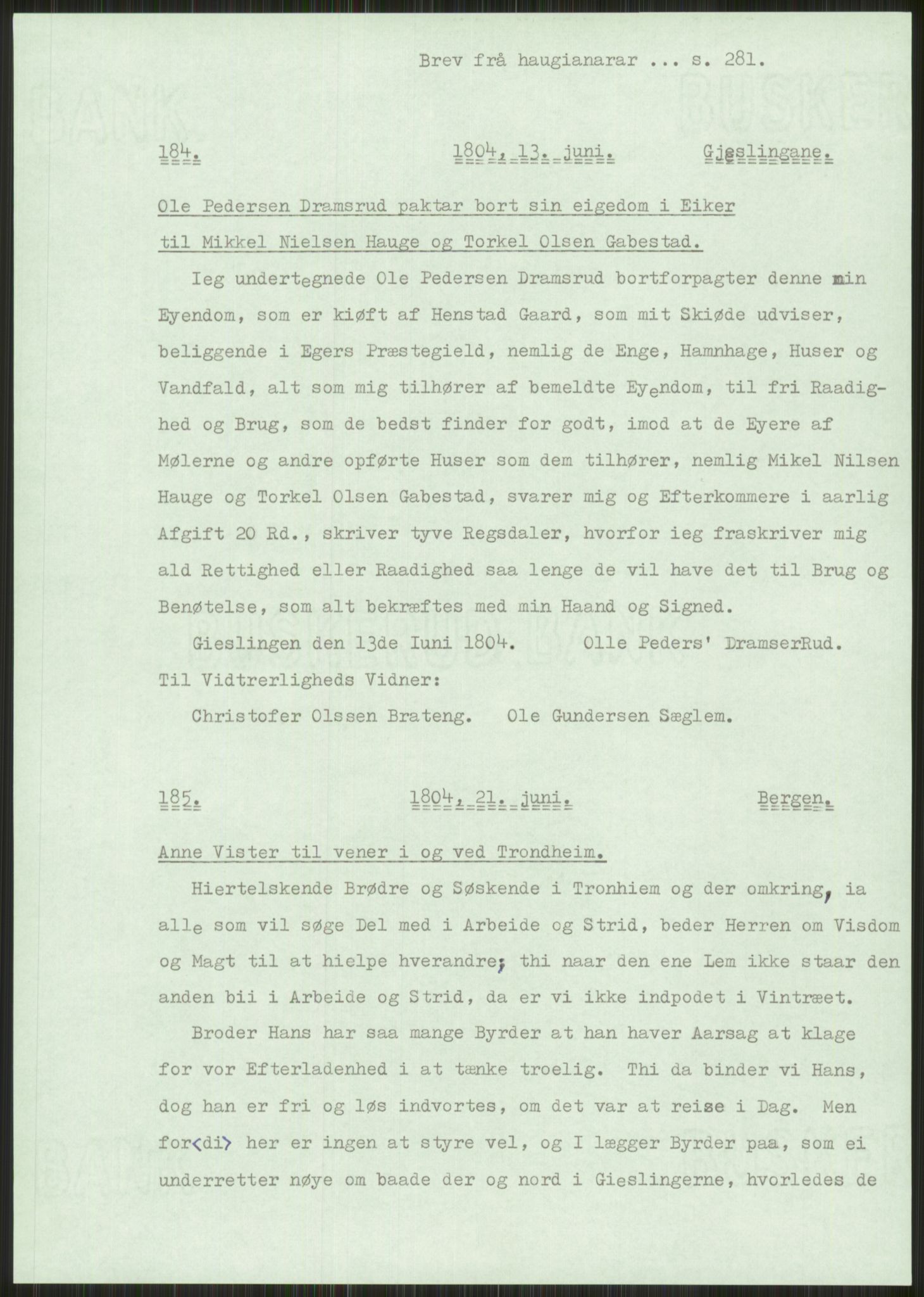 Samlinger til kildeutgivelse, Haugianerbrev, AV/RA-EA-6834/F/L0001: Haugianerbrev I: 1760-1804, 1760-1804, s. 281