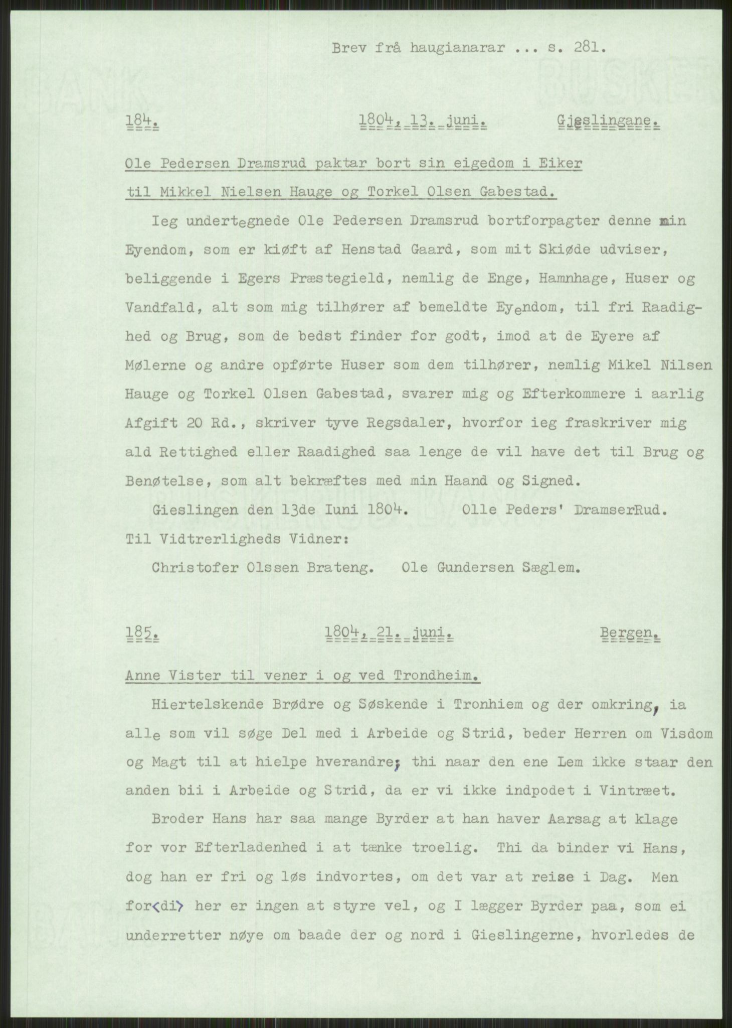 Samlinger til kildeutgivelse, Haugianerbrev, RA/EA-6834/F/L0001: Haugianerbrev I: 1760-1804, 1760-1804, s. 281