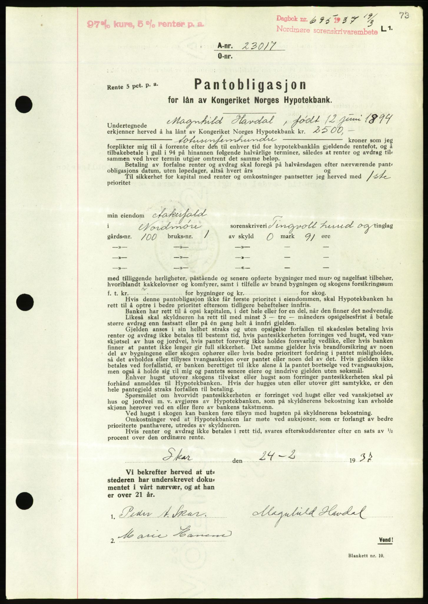Nordmøre sorenskriveri, AV/SAT-A-4132/1/2/2Ca/L0091: Pantebok nr. B81, 1937-1937, Dagboknr: 695/1937