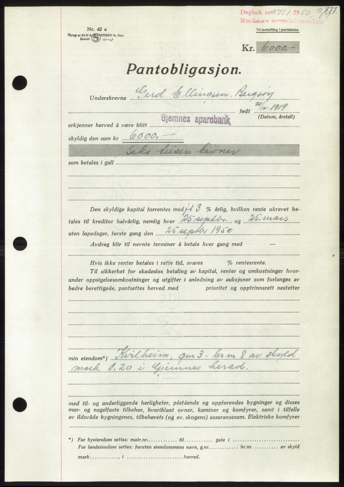 Nordmøre sorenskriveri, AV/SAT-A-4132/1/2/2Ca: Pantebok nr. B105, 1950-1950, Dagboknr: 2751/1950