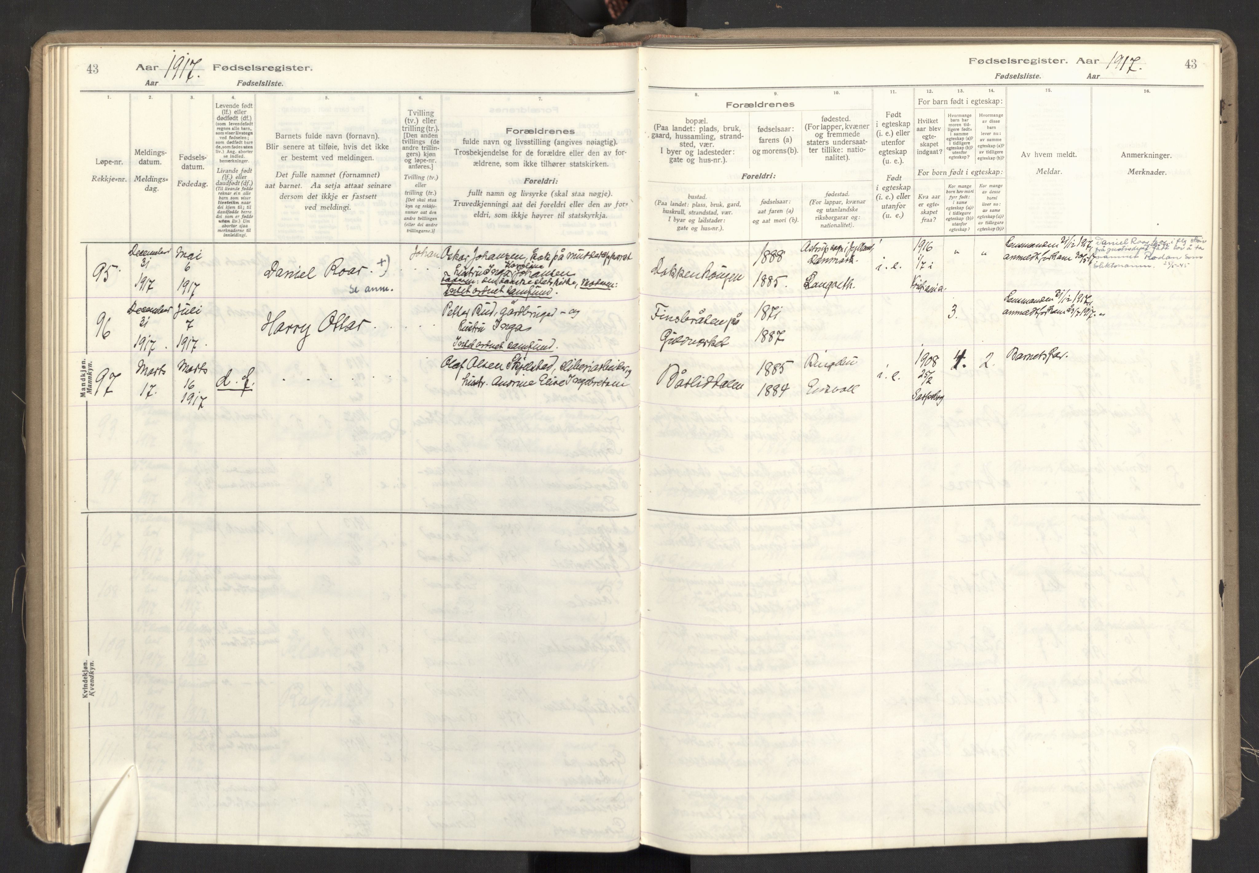 Eidsvoll prestekontor Kirkebøker, AV/SAO-A-10888/J/Ja/L0001: Fødselsregister nr. I 1, 1916-1924, s. 43