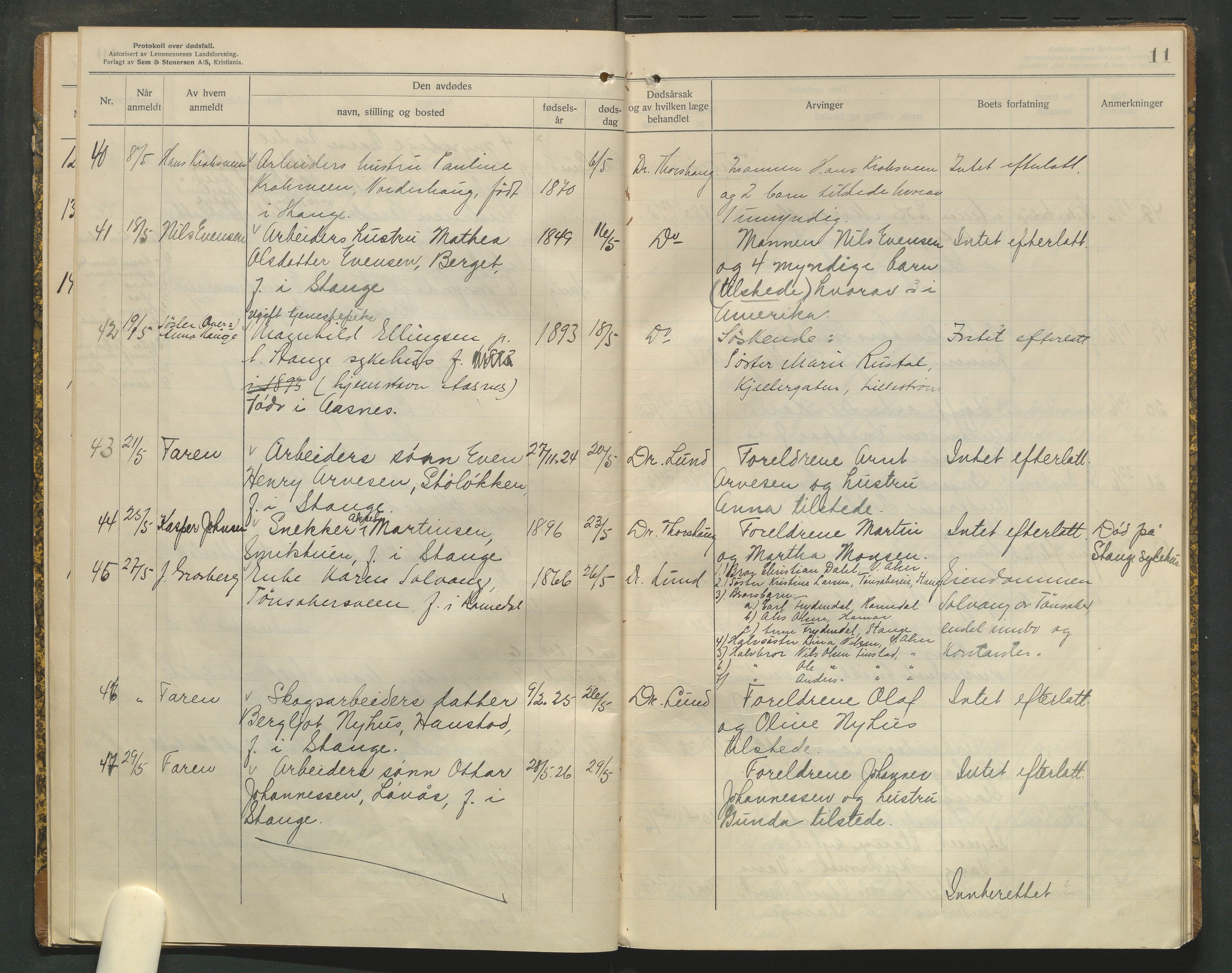 Stange lensmannskontor, AV/SAH-LHS-020/H/Ha/Haa/L0001/0005: Dødsfallsprotokoller / Dødsfallsprotokoll, 1925-1929, s. 11