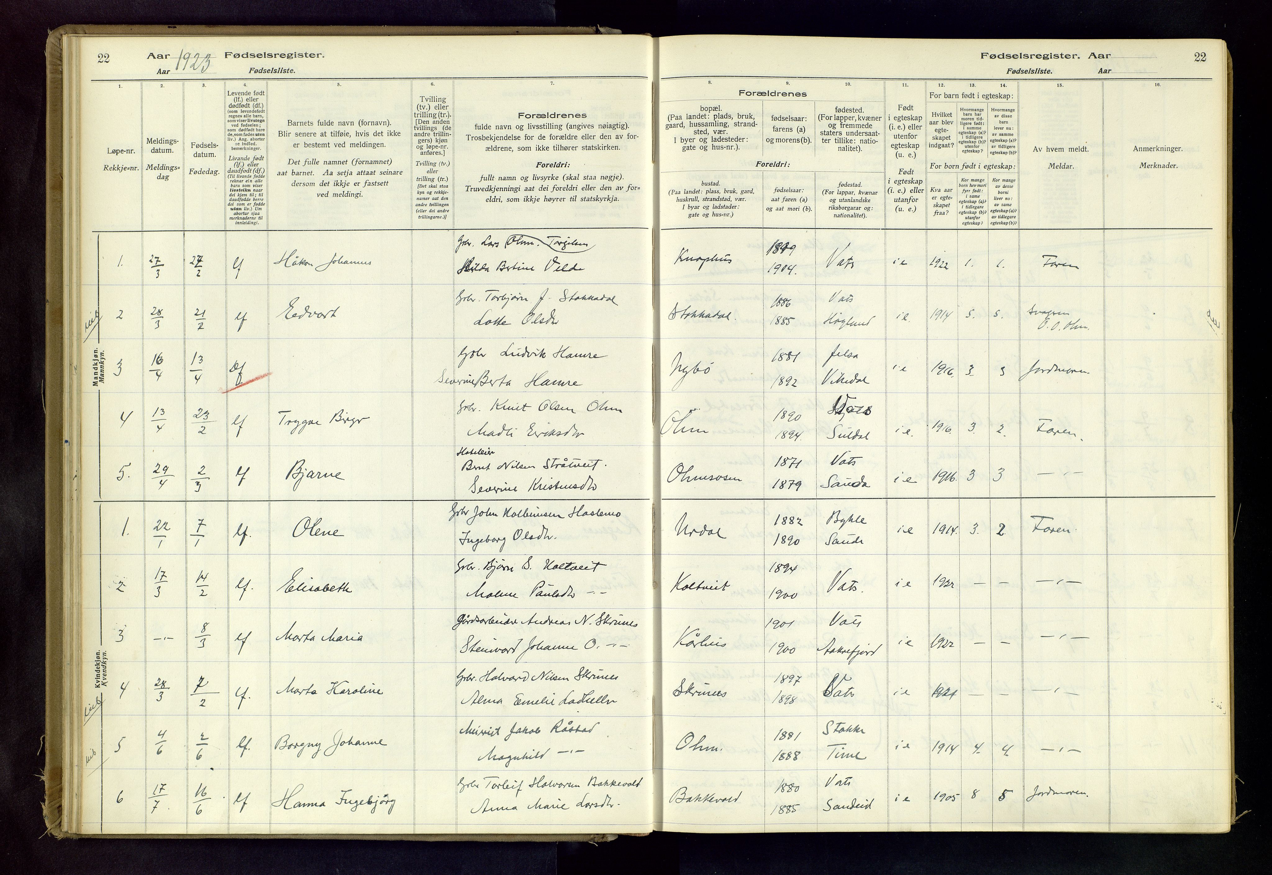 Skjold sokneprestkontor, SAST/A-101847/I/Id/L0003: Fødselsregister nr. 3, 1917-1982, s. 22