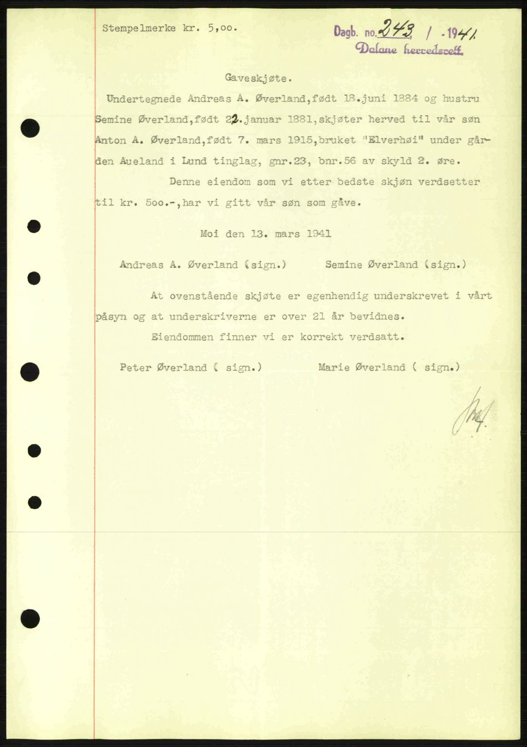 Dalane sorenskriveri, SAST/A-100309/02/G/Gb/L0044: Pantebok nr. A5, 1940-1941, Dagboknr: 243/1941