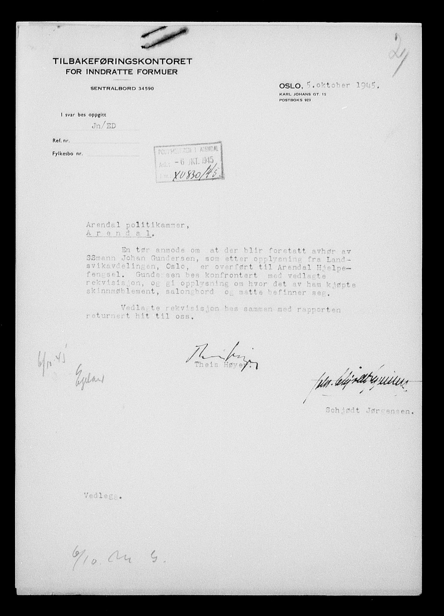 Justisdepartementet, Tilbakeføringskontoret for inndratte formuer, AV/RA-S-1564/H/Hc/Hcc/L0943: --, 1945-1947, s. 443