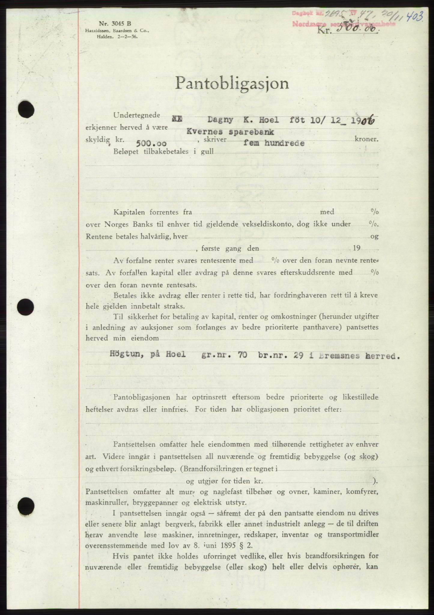 Nordmøre sorenskriveri, AV/SAT-A-4132/1/2/2Ca: Pantebok nr. B97, 1947-1948, Dagboknr: 2695/1947