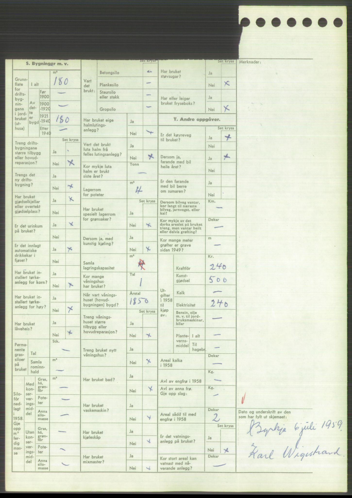 Statistisk sentralbyrå, Næringsøkonomiske emner, Jordbruk, skogbruk, jakt, fiske og fangst, AV/RA-S-2234/G/Gd/L0373: Rogaland: 1130 Strand (kl. 1-2), 1131 Årdal og 1132 Fister, 1959, s. 1246